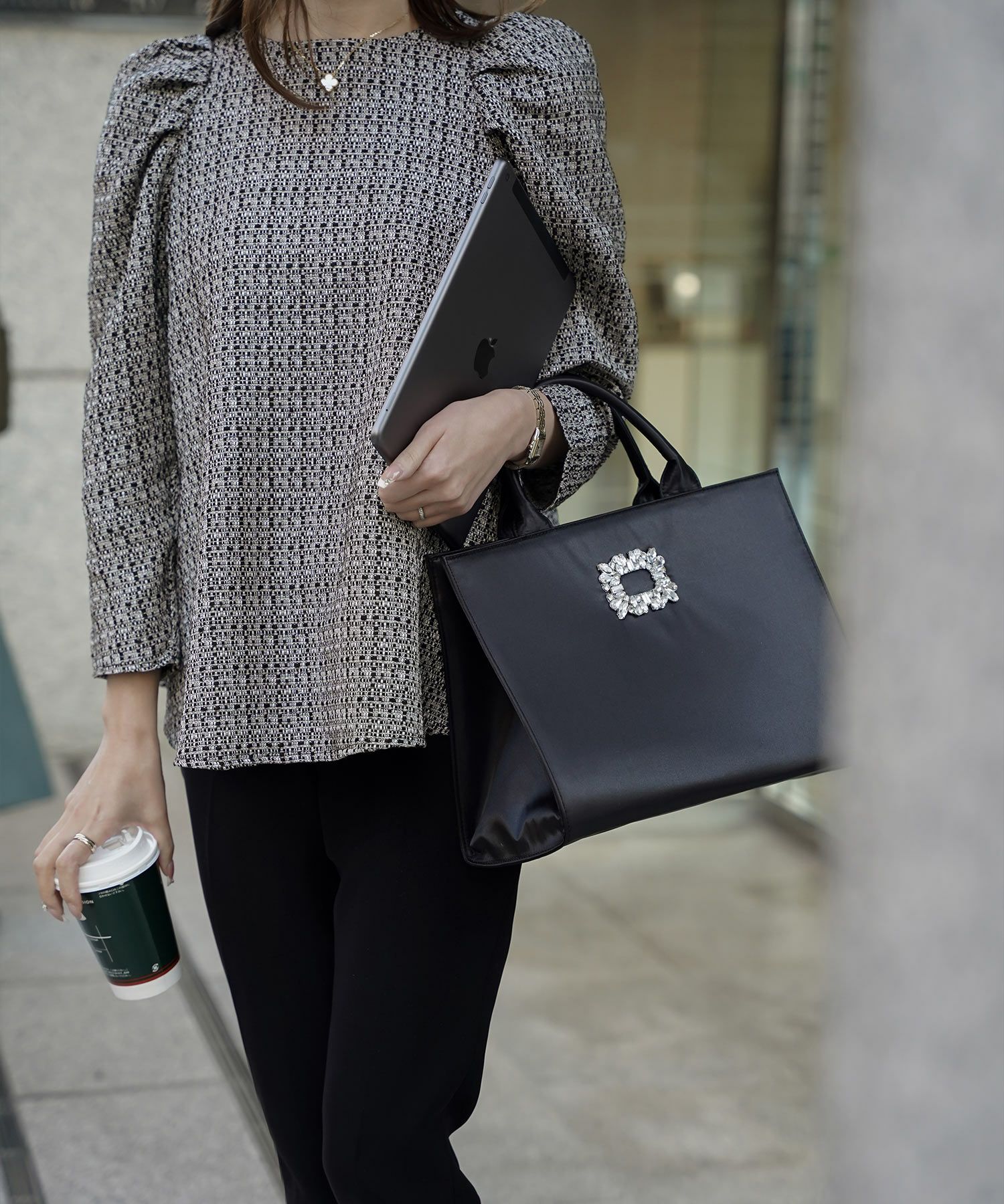 レディース/トップス/ブラウス/ツイード/春/夏/秋/冬/8分袖/グレー/ベージュ/ブラック/ホワイト/ネイビー