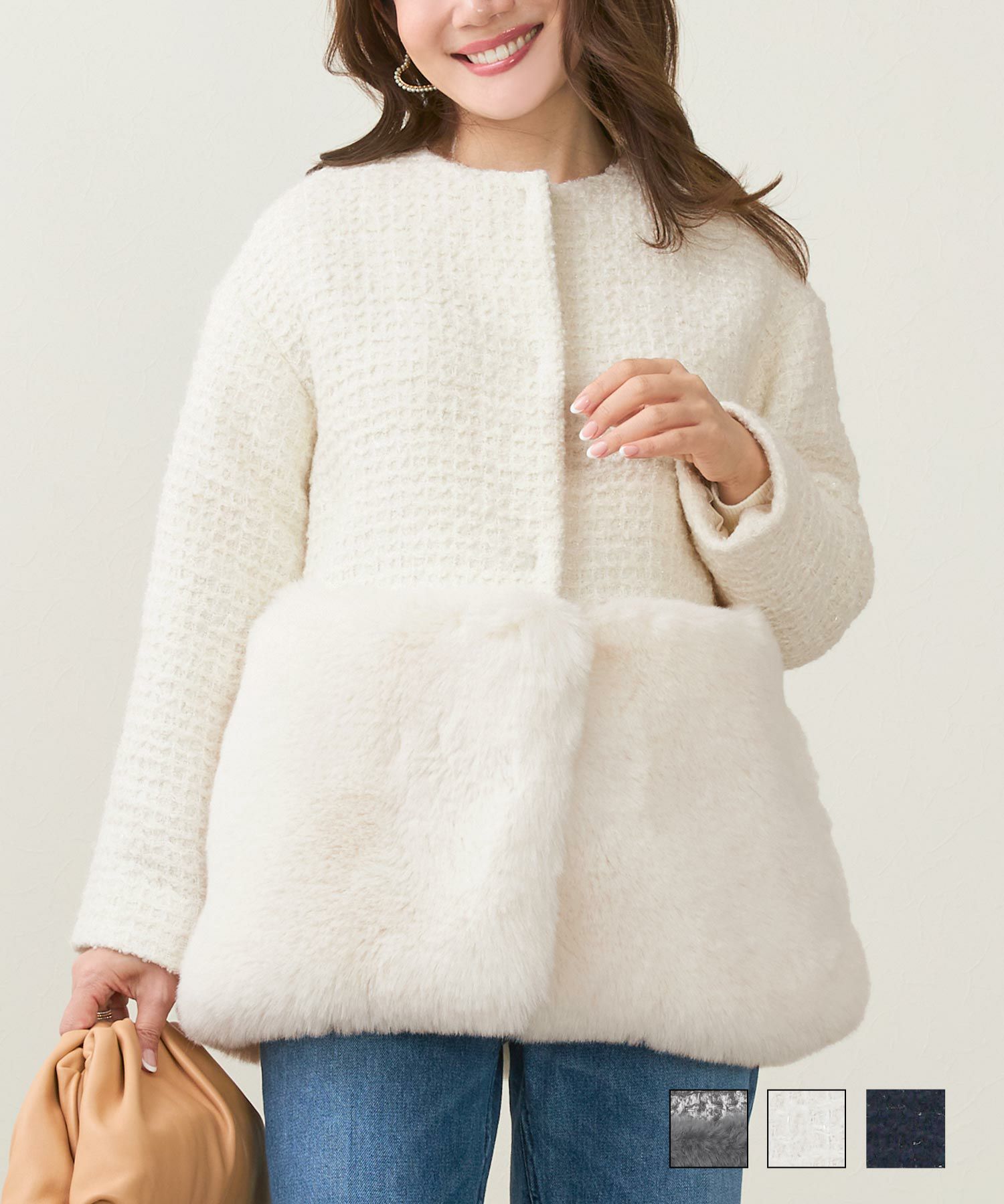 ツイード フェイクファー 切り替え コート Liala×PG 全3色｜lpg141  