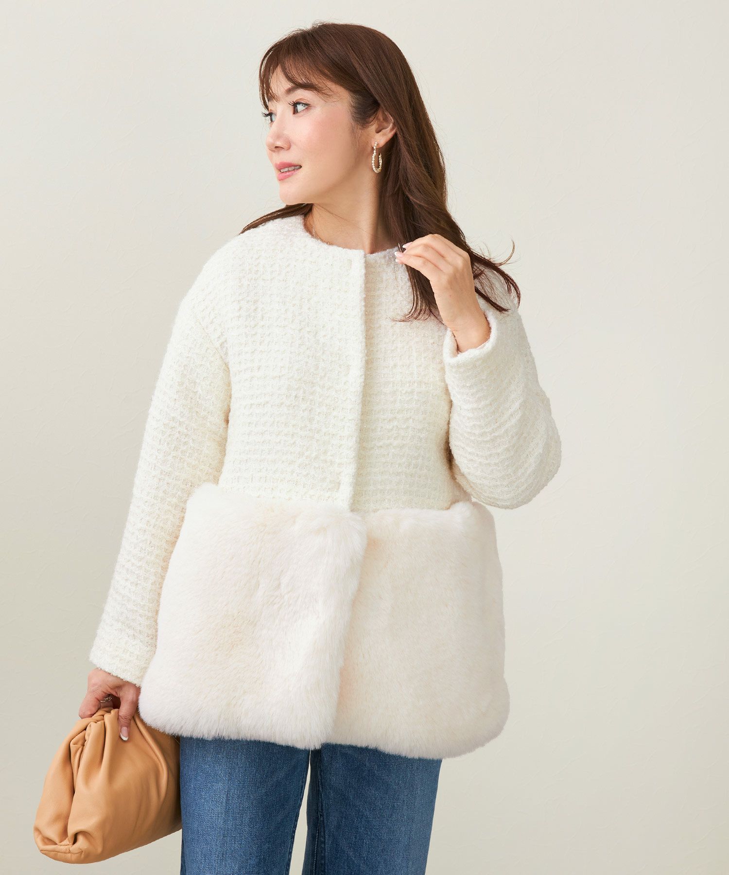 Winter-SALE ツイード フェイクファー 切り替え コート Liala×PG 全3色  