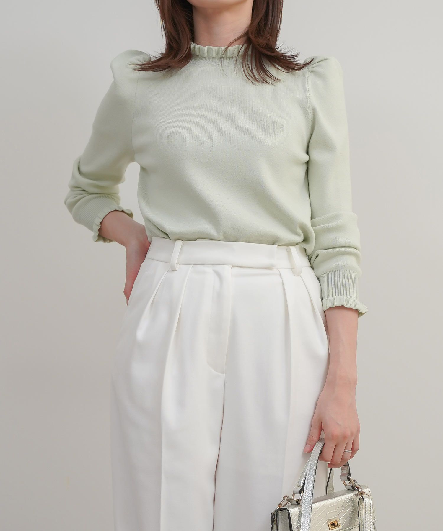 手洗い可/フリルネック/ハイネック/フリルスリーブ/長袖/無地/重ね着/シンプル/大人可愛い