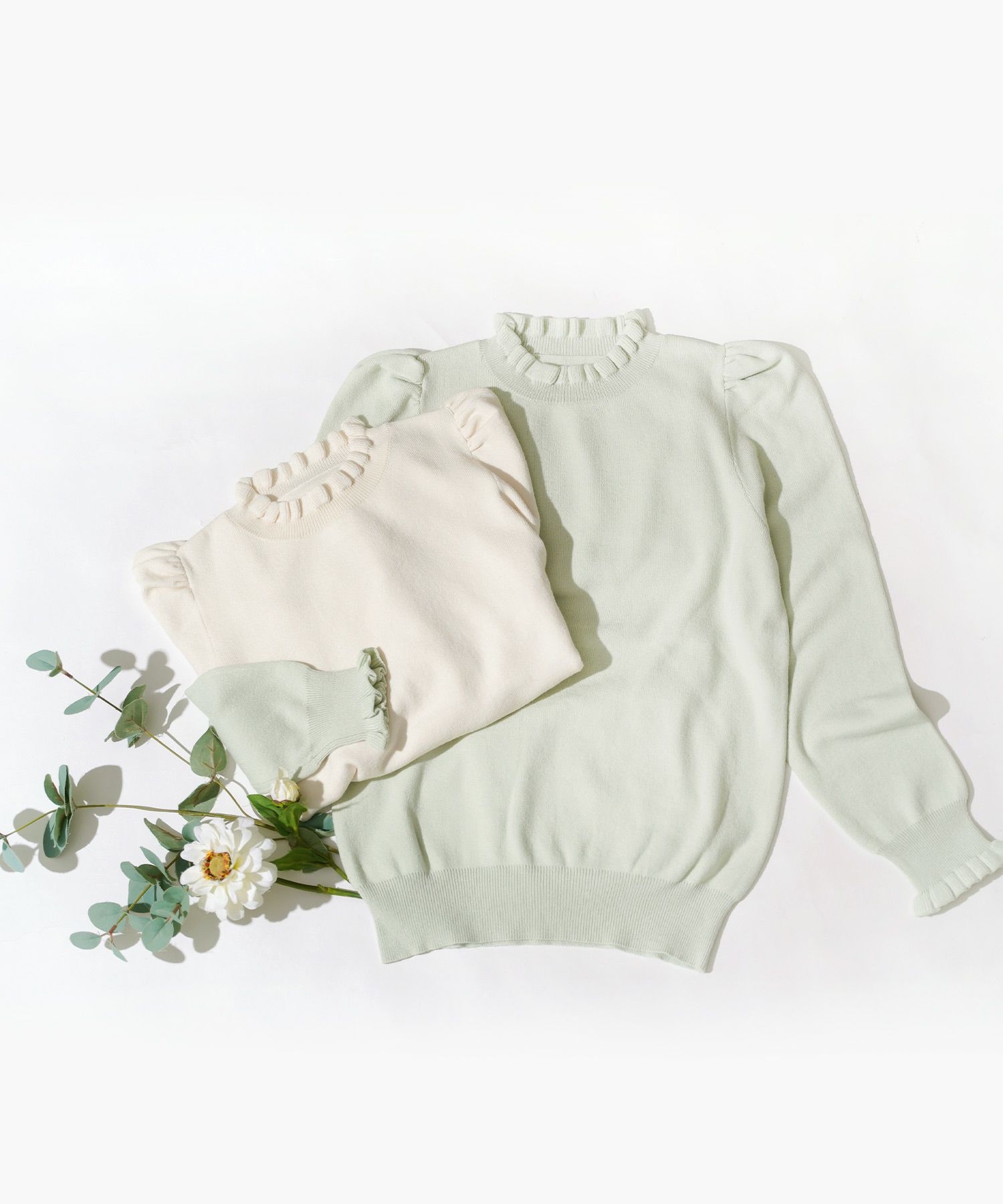 手洗い可/フリルネック/ハイネック/フリルスリーブ/長袖/無地/重ね着/シンプル/大人可愛い