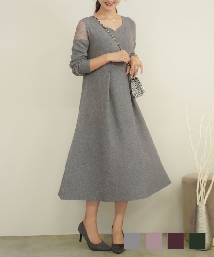 Winter-SALE 肩レース バックリボン フレア ニット ワンピース le reve 