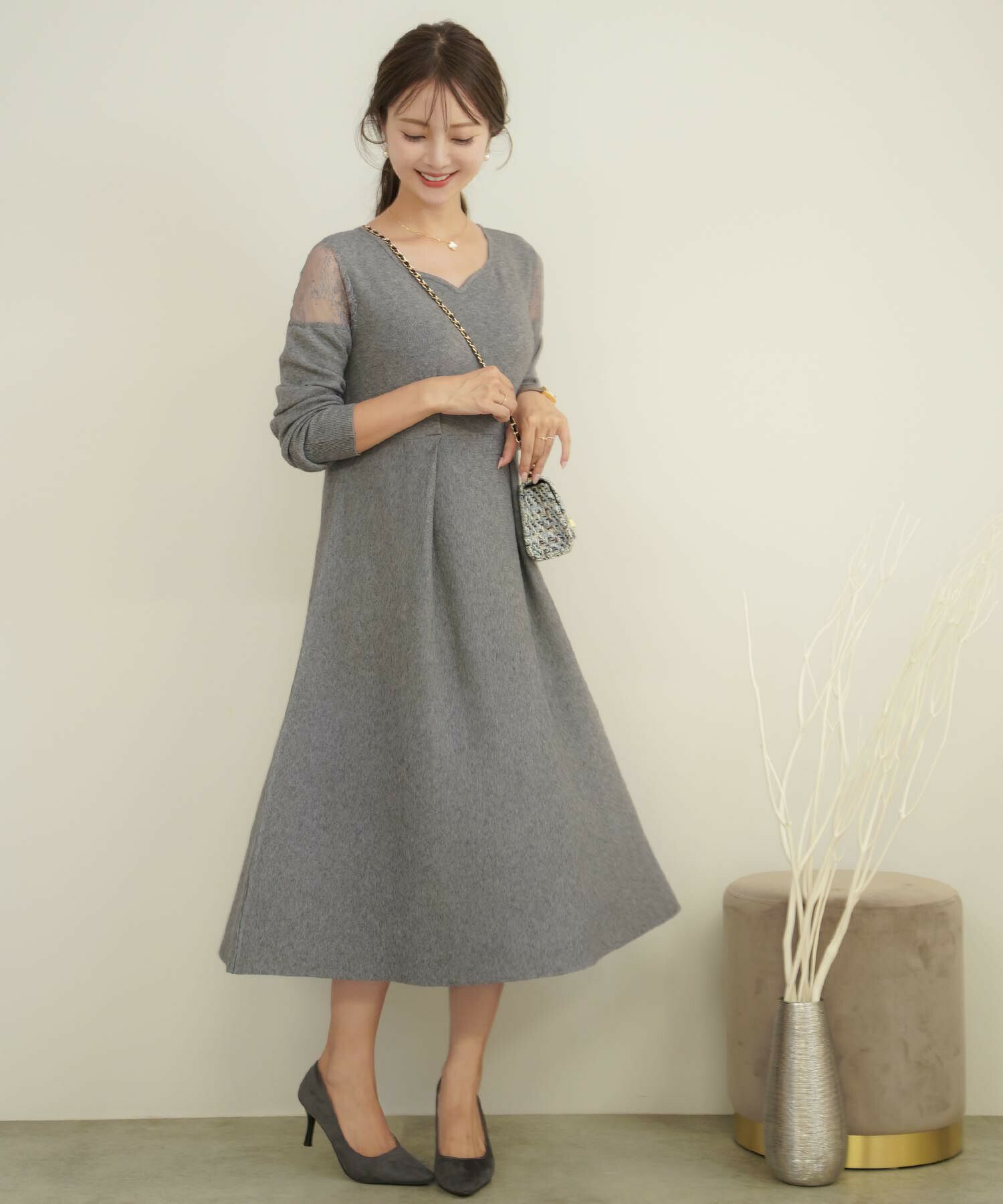 肩レース バックリボン フレア ニット ワンピース le reve vaniller 全  