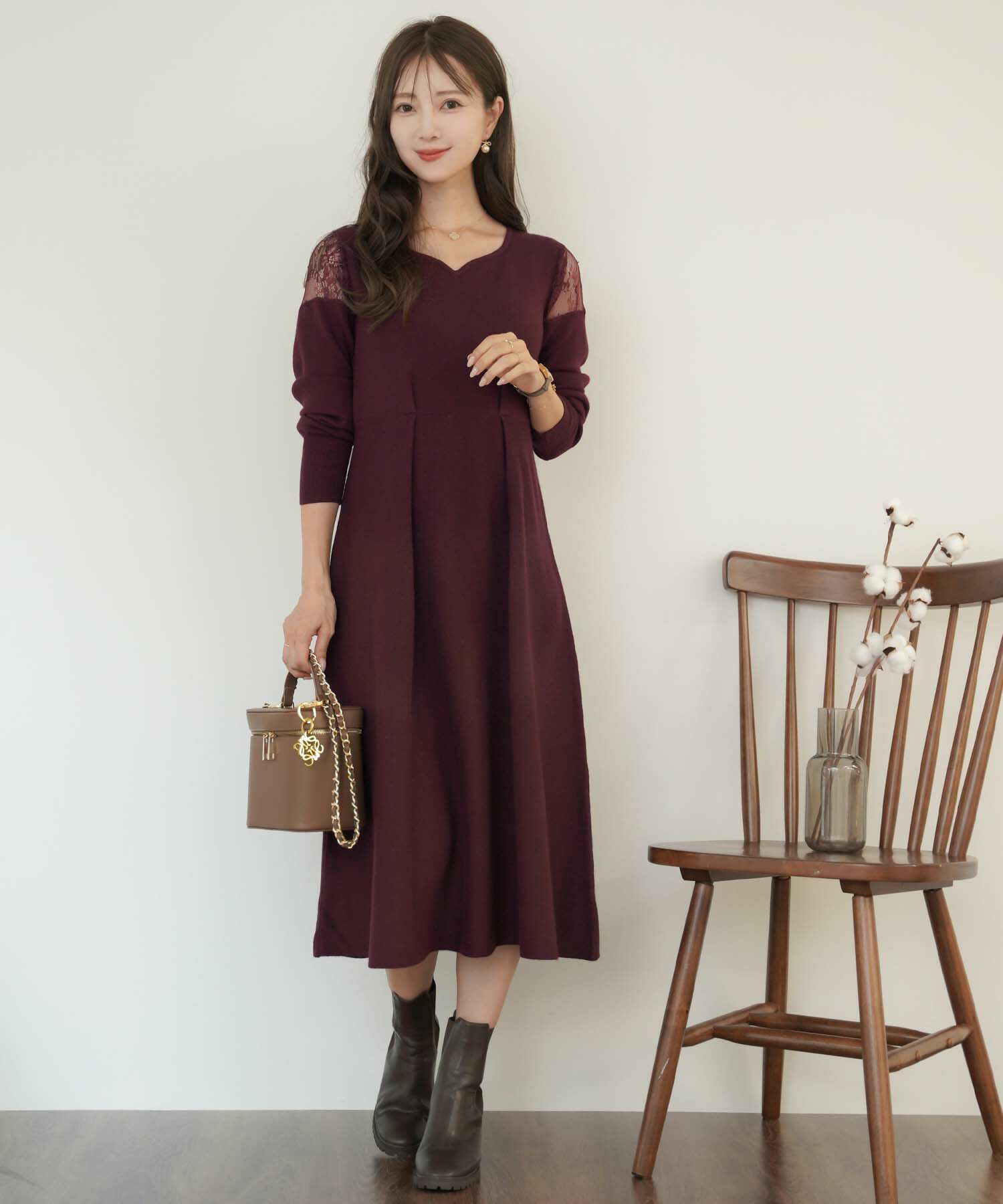 肩レース バックリボン フレア ニット ワンピース le reve vaniller 全 