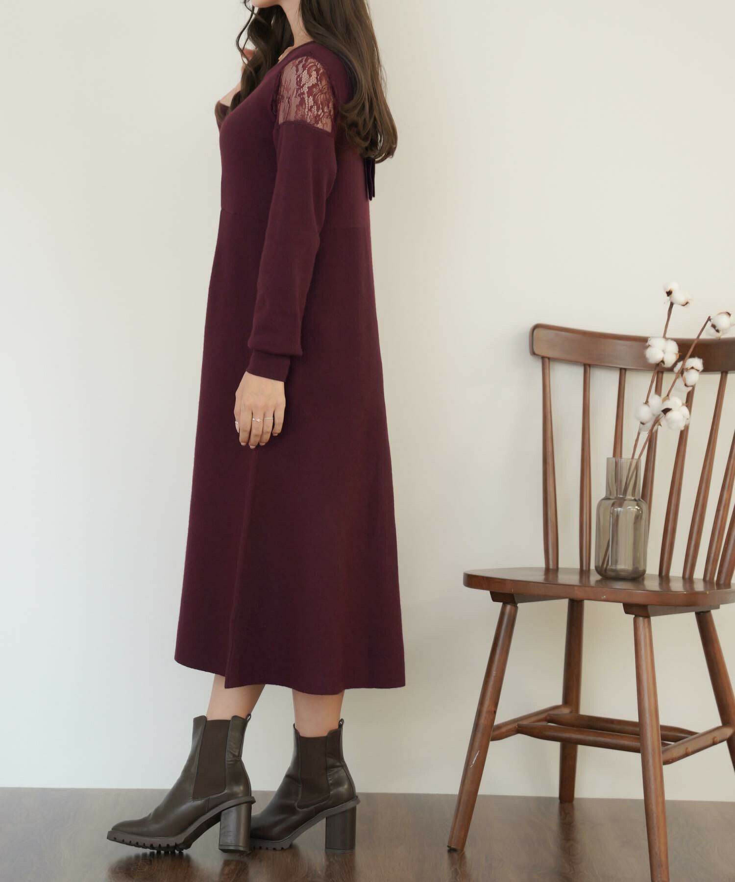 肩レース バックリボン フレア ニット ワンピース le reve vaniller 全 