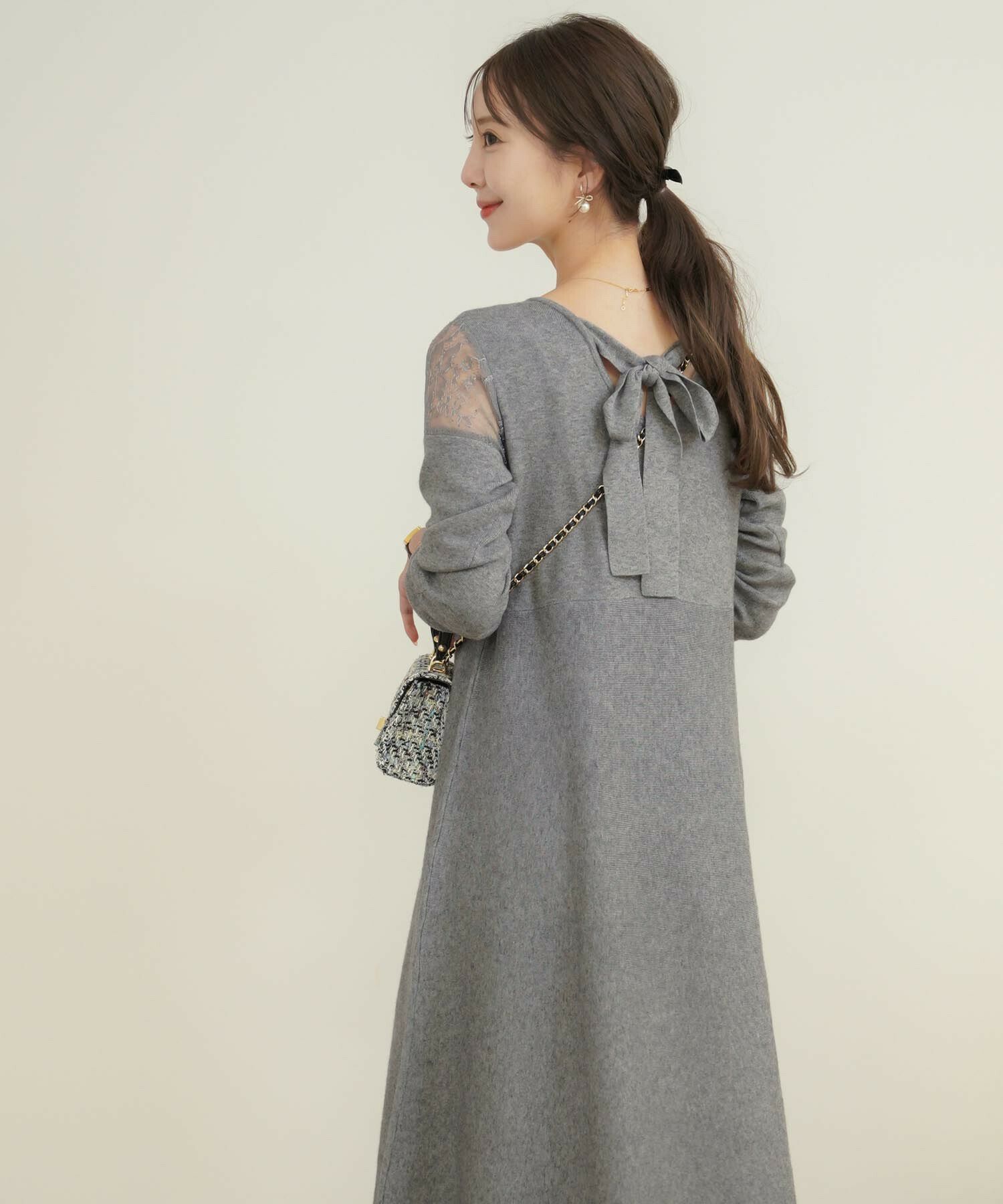 肩レース バックリボン フレア ニット ワンピース le reve 