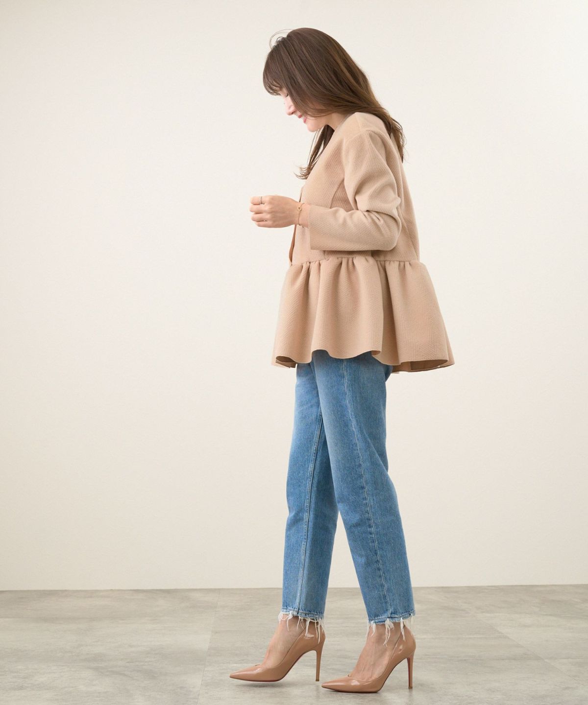 手洗い可/長袖/アウター/ジャケット/フレア/ペプラム/ノーカラー/Vネック/大人可愛い