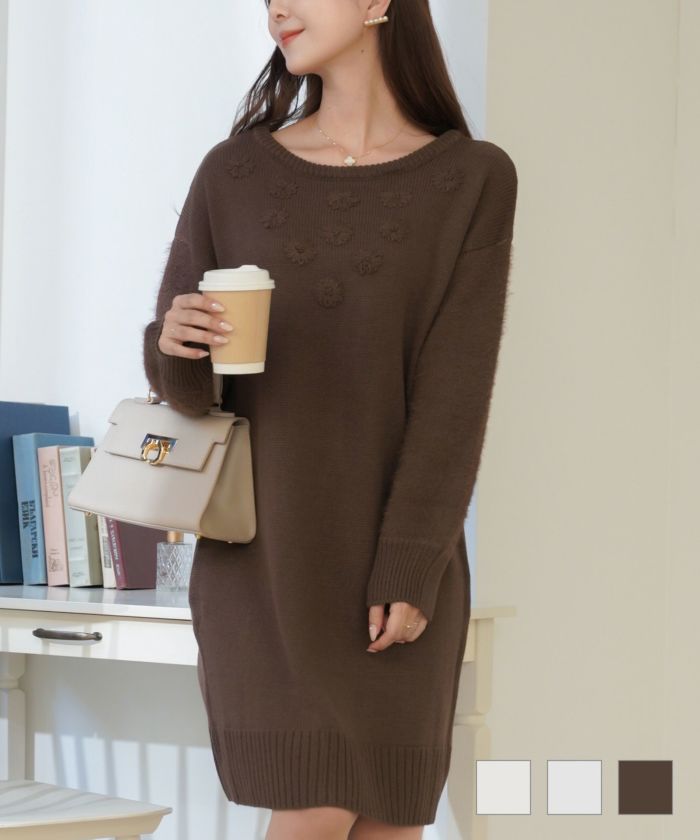Autumn-SALE フラワー 刺繍 シャギースリーブ ニット ワンピース le 