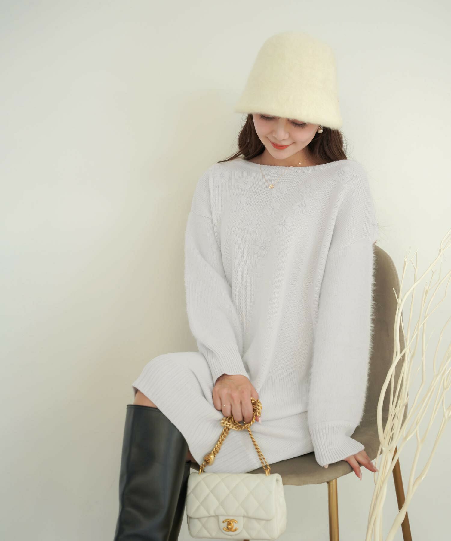 フラワー 刺繍 シャギースリーブ ニット ワンピース le reve vaniller  