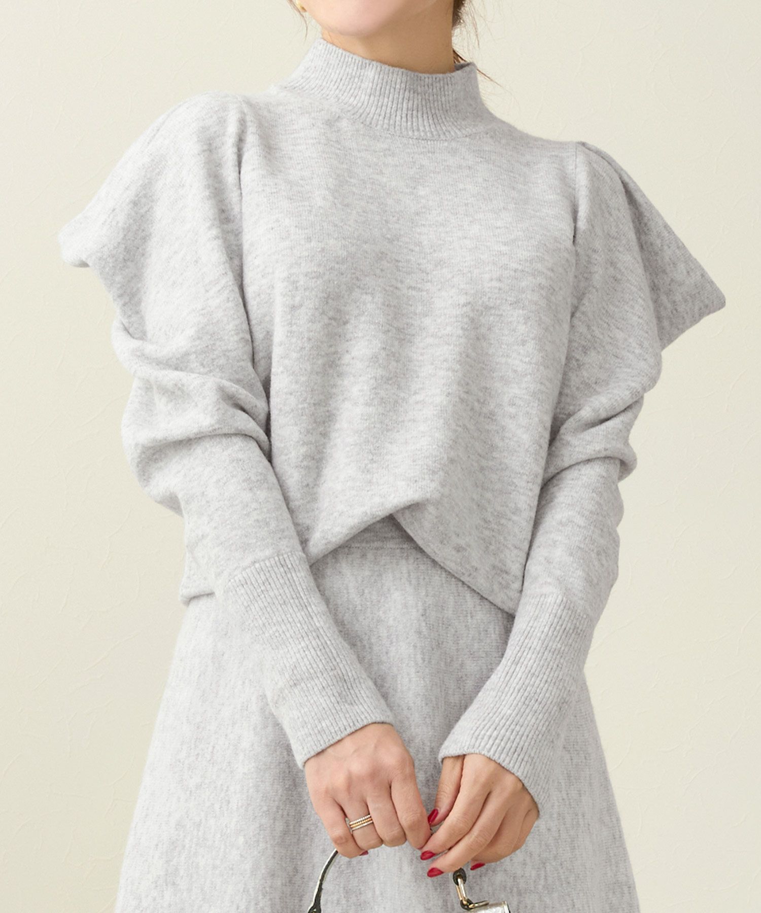 手洗い可/トップス/ニット/ハイネック/長袖/肩タック/ボリュームスリーブ/大人/可愛い