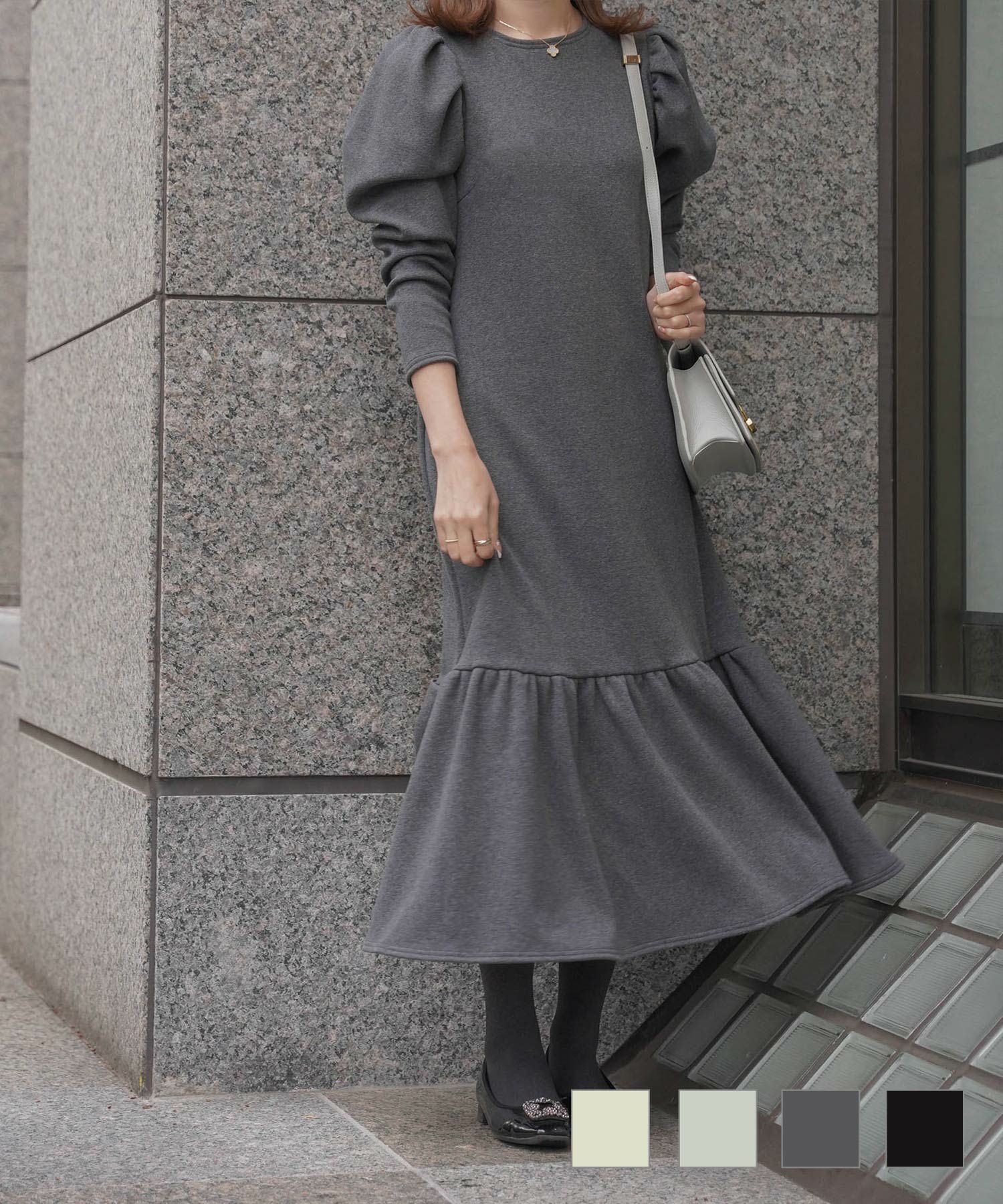 ボンバーヒート フリルヘム ワンピース HUIT チャコール/ライトグレー/ブラック