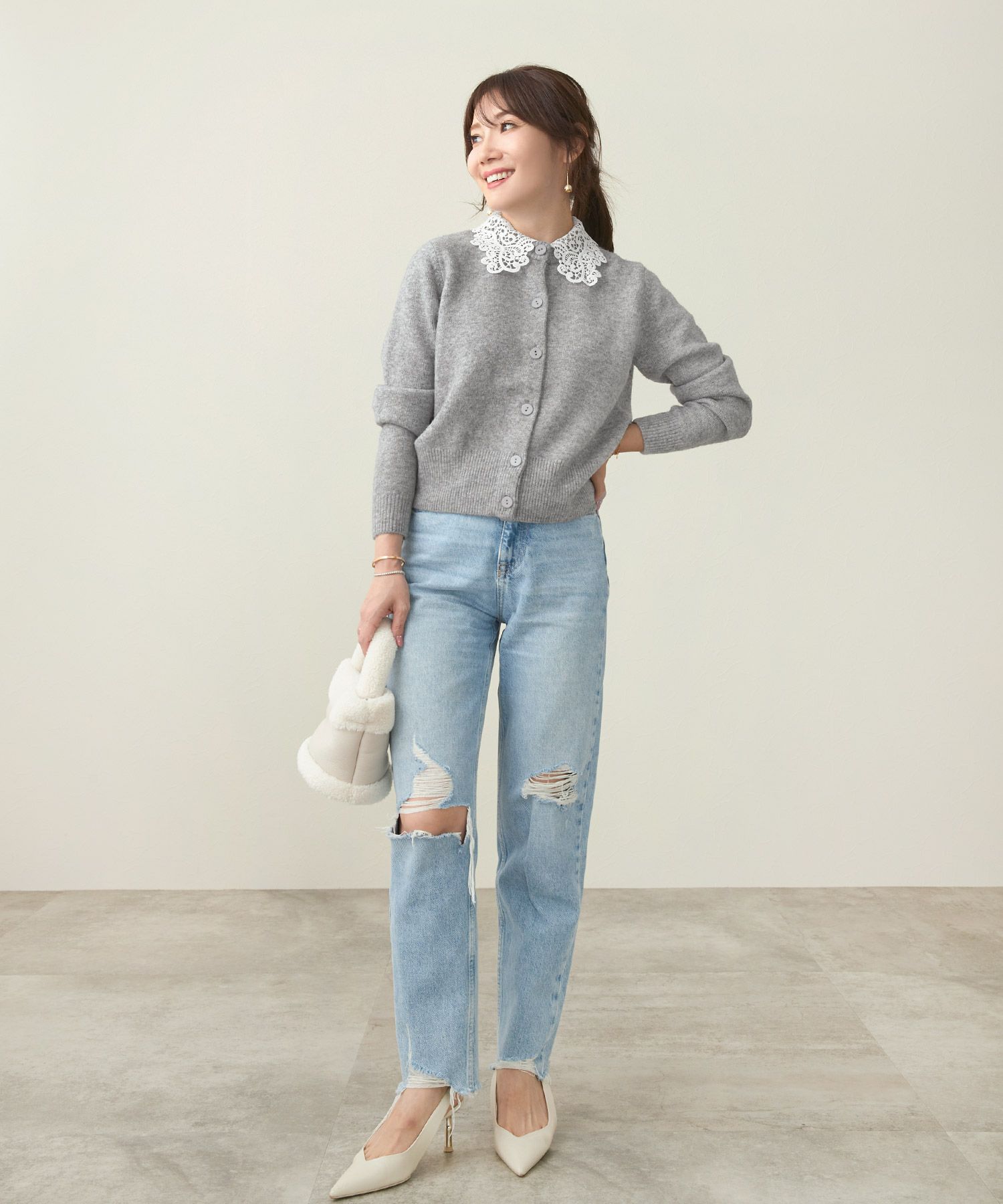 手洗い可/ニット/カーディガン/長袖/レース襟付き/取り外し可/大人/可愛い/上品