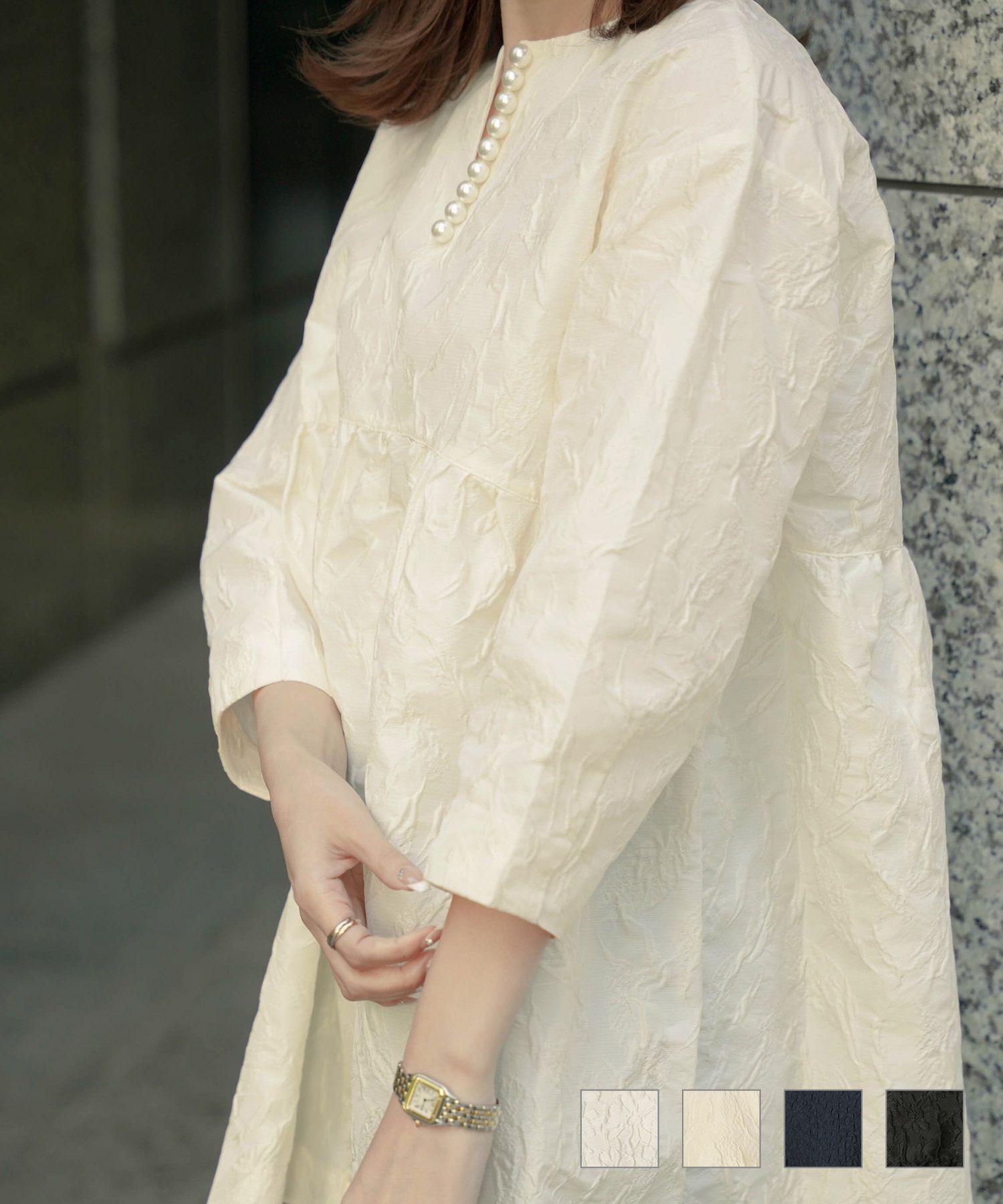 パールトリム ジャガード チュニック ブラウス HUIT ホワイト/アイボリー/ネイビー/ブラック