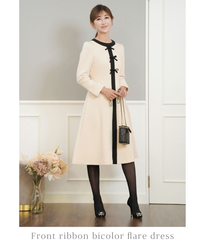 ワンピースレディースファッション服春白黒おしゃれかわいいきれいめリボンジョイントスペース