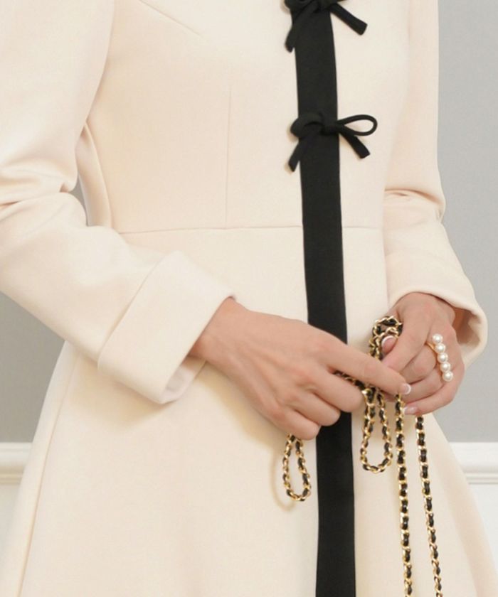 ワンピースレディースファッション服春白黒おしゃれかわいいきれいめリボンジョイントスペース