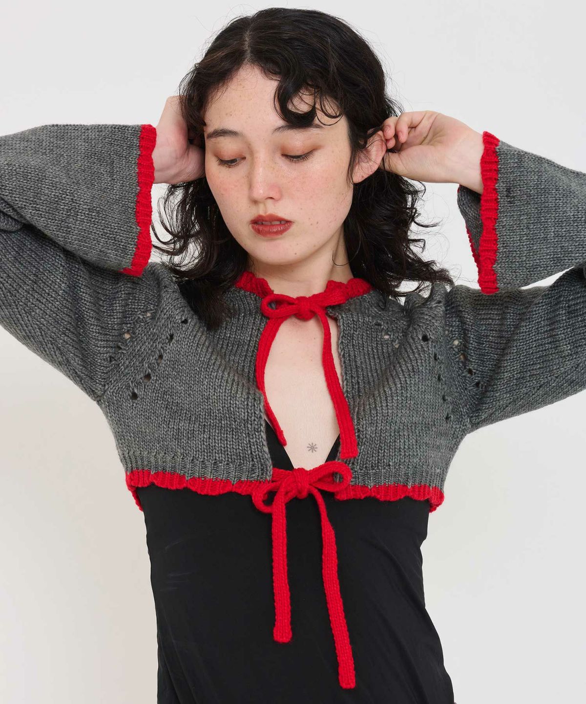 ニット/ボレロ/リボン付き/ホワイト/グレー