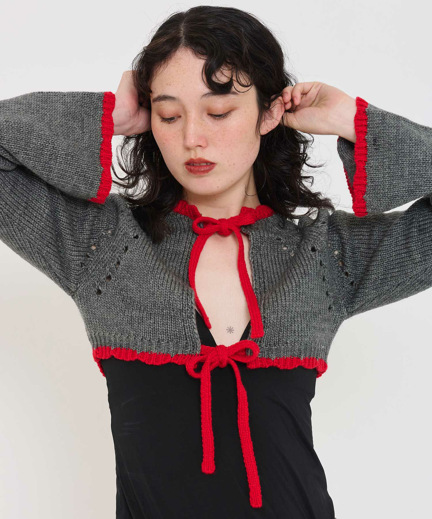 ニット/ボレロ/リボン付き/ホワイト/グレー