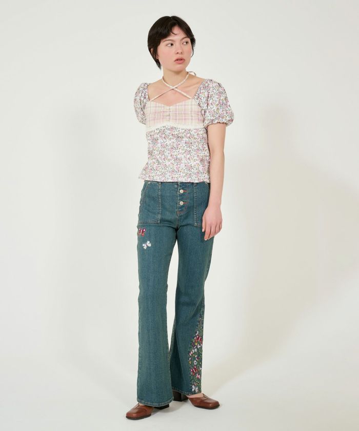 Embroidered flared denim pants