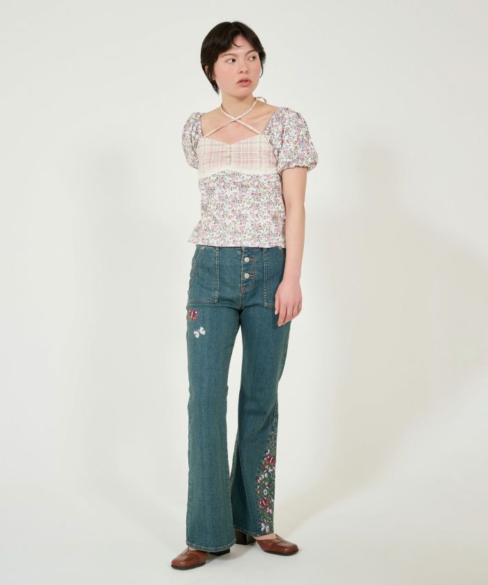刺繍入り フレアデニムパンツ TINA：JOJUN 全1色｜tnj721-0766【2】