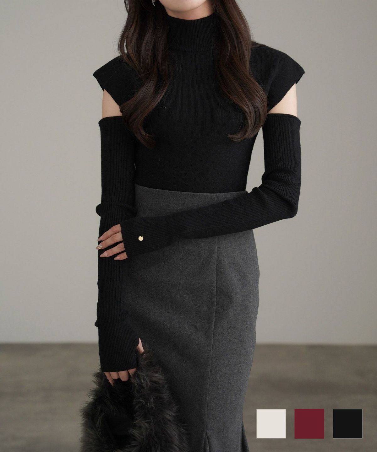 カッティング スリーブ タートルネック ニット lieulien×nap クリーム/ボルドー/ブラック