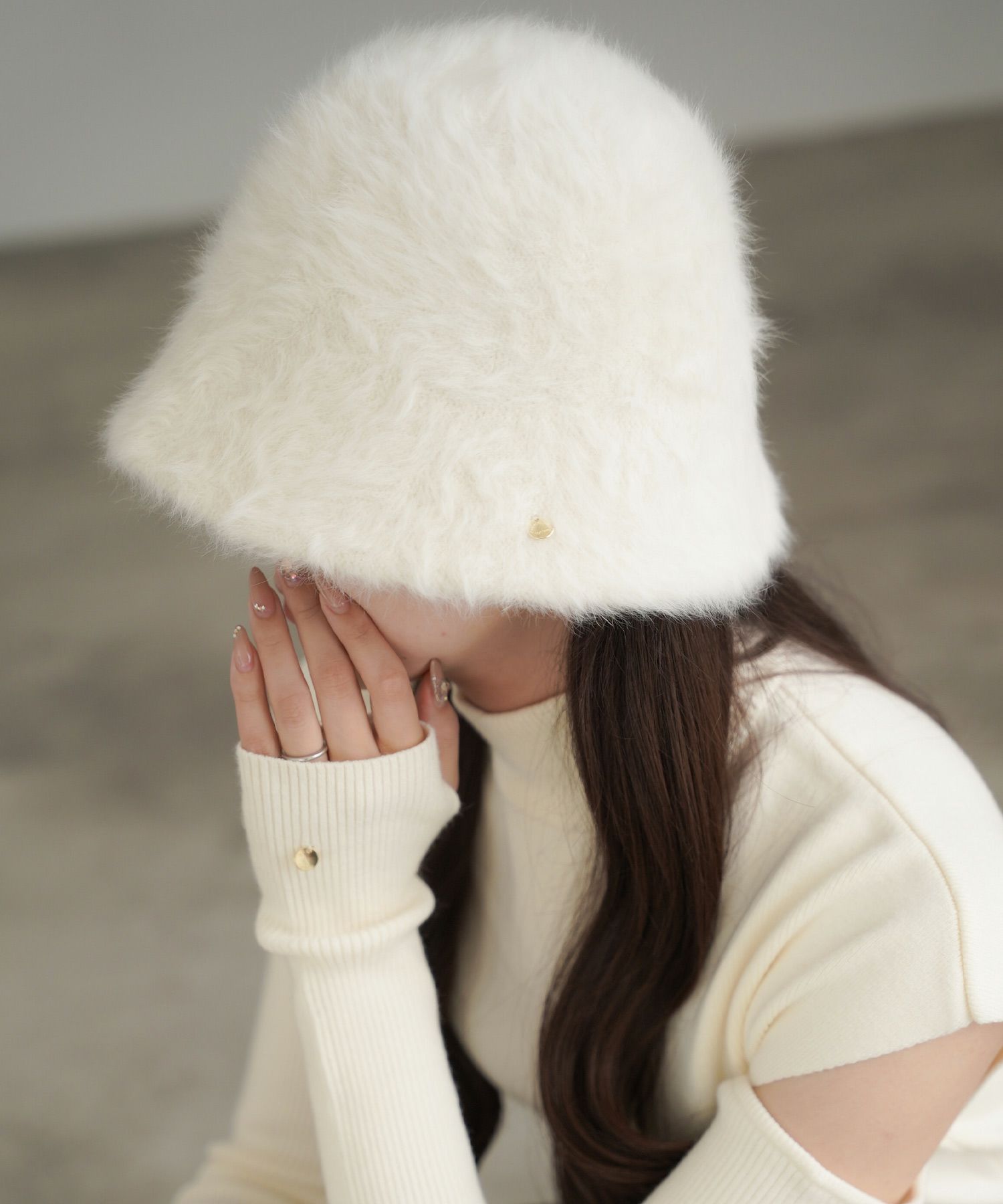 バケットハット/コインチャーム/ファー/ホワイト/モカ/ブラック/フリー