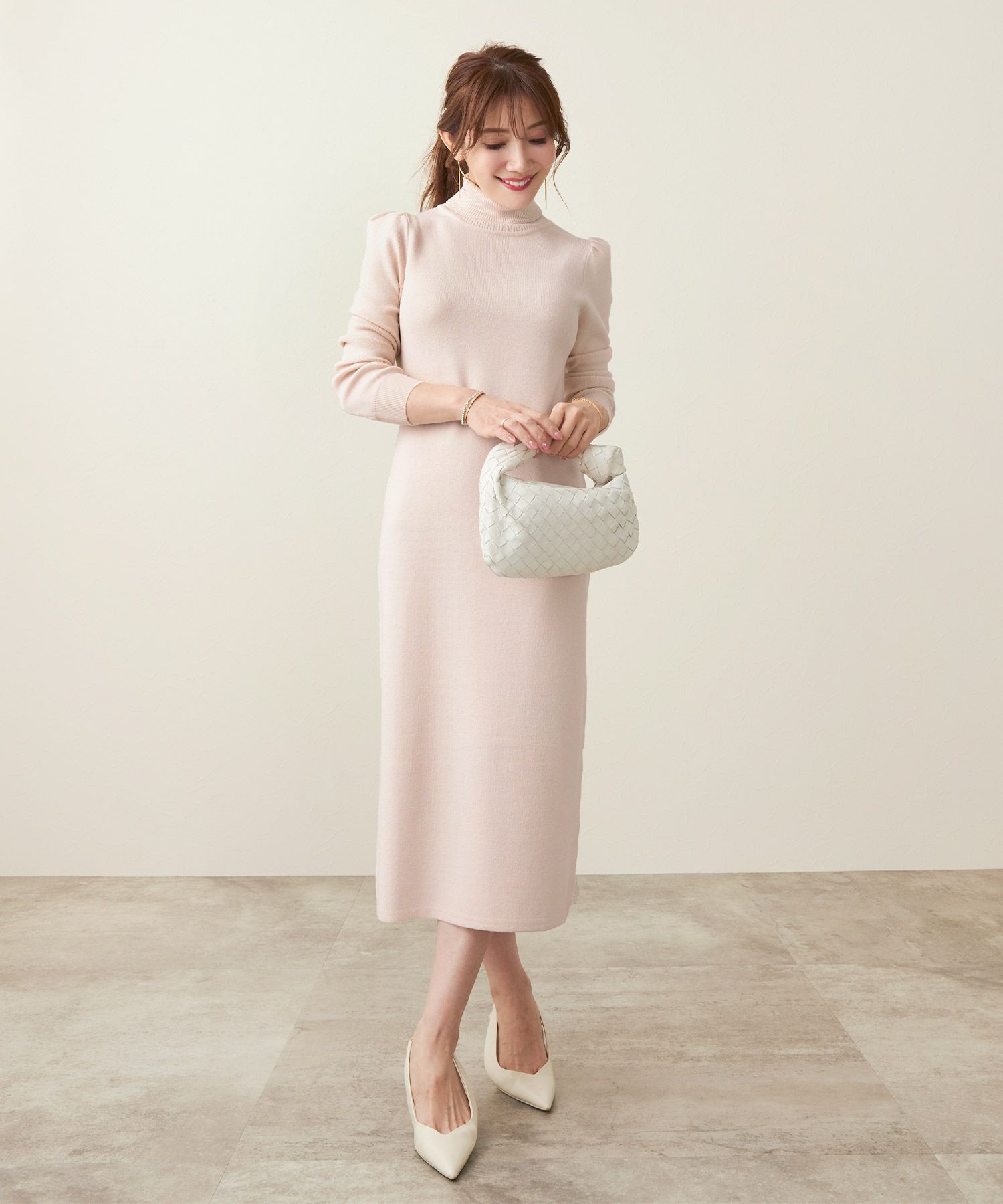 タートルネック 肩ギャザー入り ニット ワンピース Liala×PG 全3色  