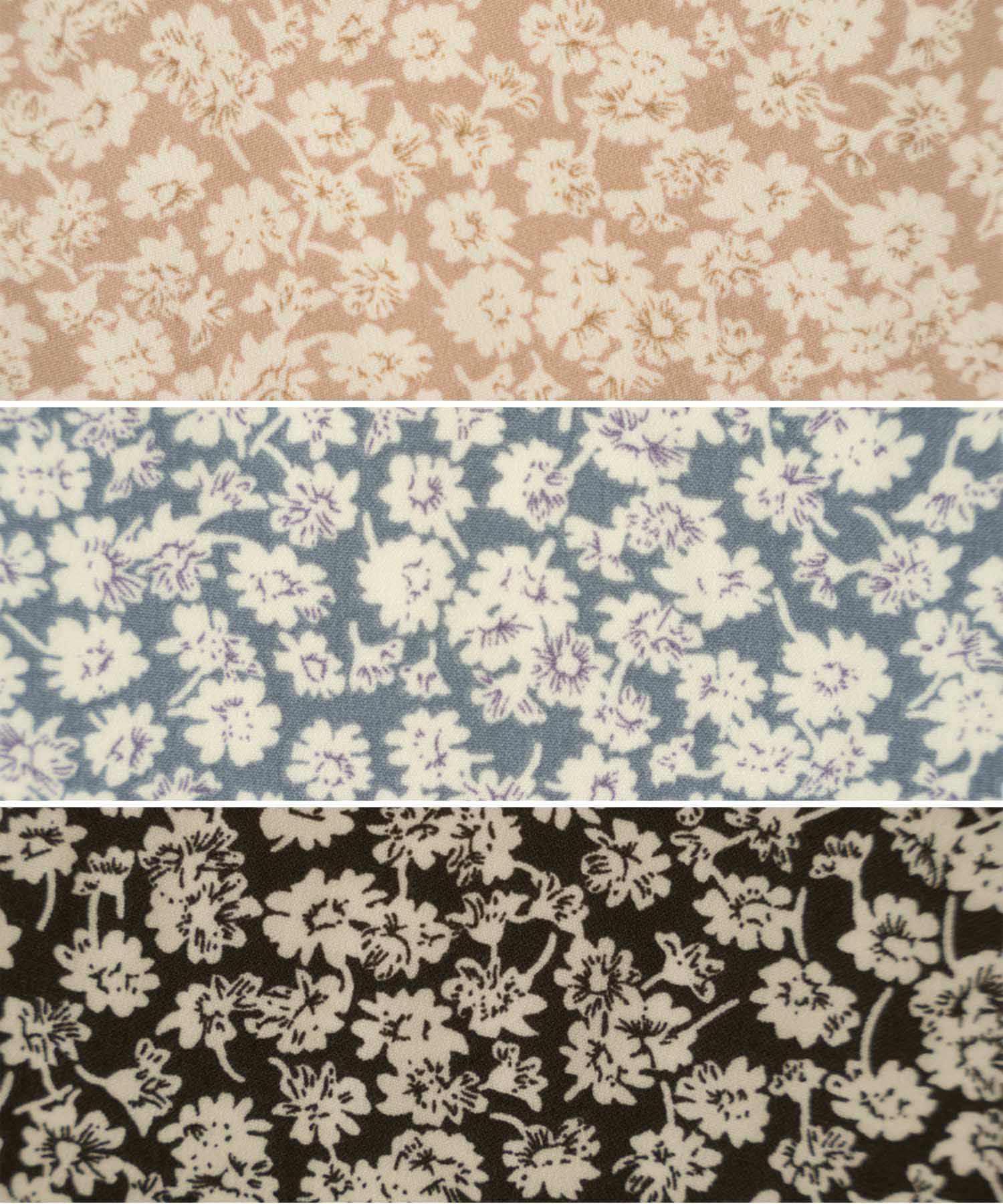 レディース/ワンピース/花柄/小花柄//カフス/カシュクール/フロントあき/前あき/ウエストゴム/ハイウエスト/タック/長袖/フレアシルエット/フレア/ピンクベージュ/ブルー/ブラック/エレガント/フェミニン/ガーリー/上品/春