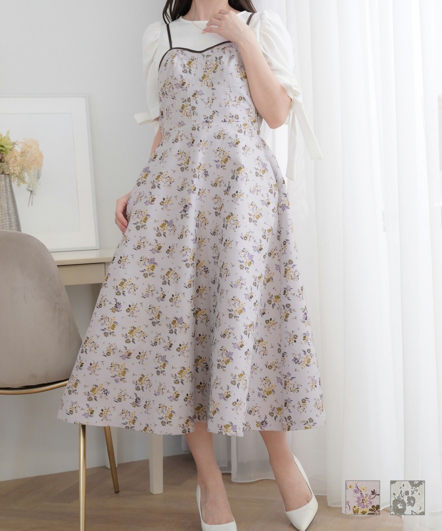 フラワージャカード バックレーシング キャミワンピース le reve vaniller  ラベンダー/ライトグレー