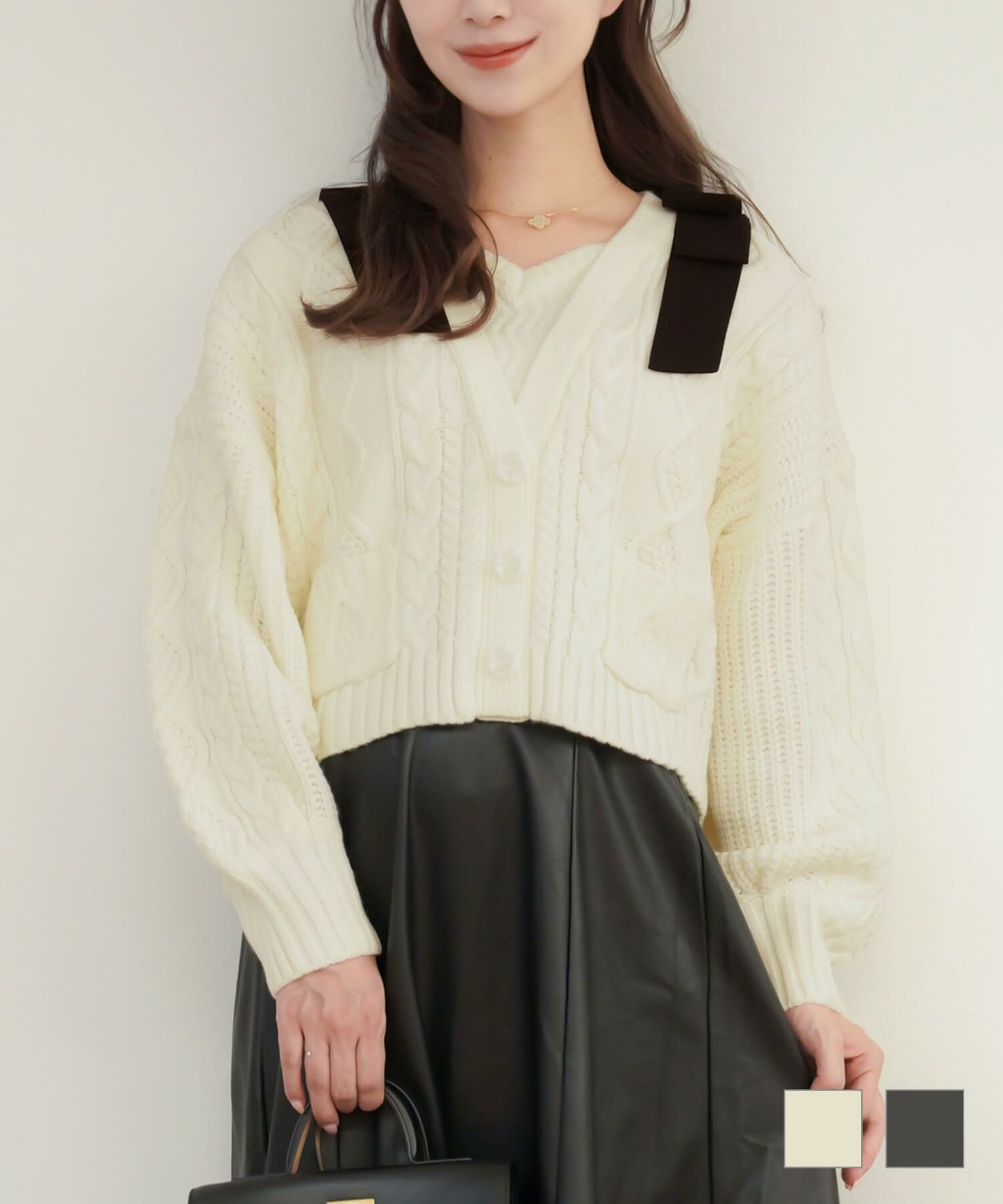 カーディガン風 肩リボン ケーブル ニット トップス le reve vaniller アイボリー/グレー