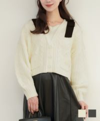 カーディガン風 肩リボン ケーブル ニット トップス le reve vaniller アイボリー/グレー