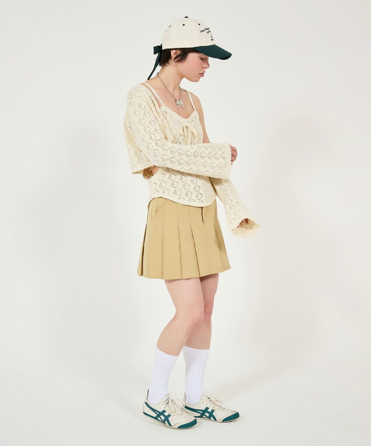 カーディガン/透かし編み/カントリー/クリーム/ブラウンレッド