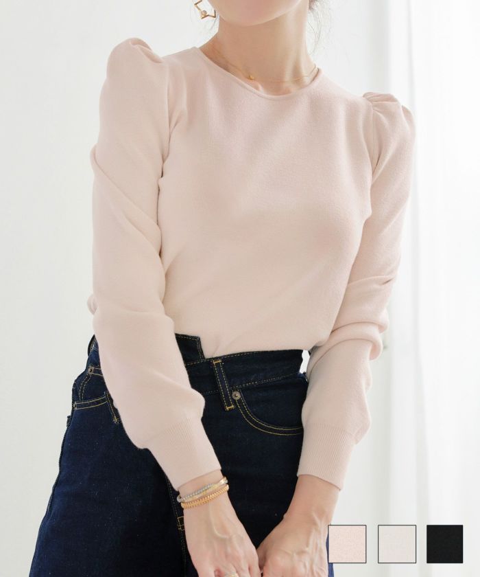 ラウンドネック 袖山ギャザー ニット Liala×PG