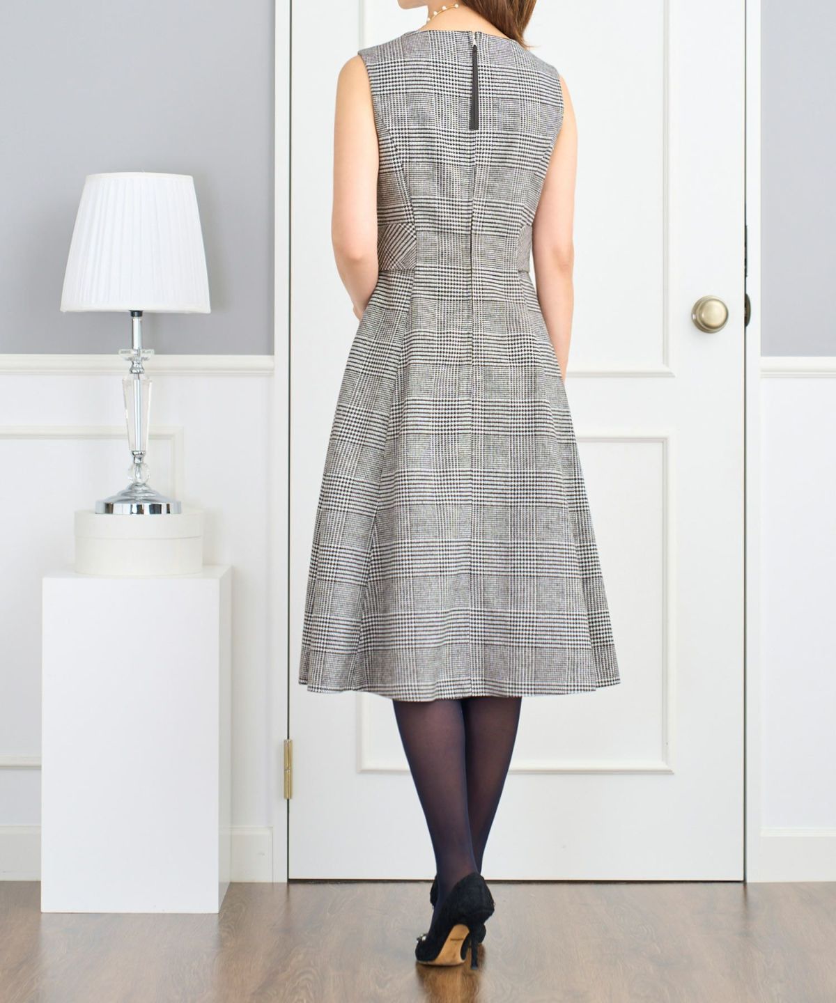 ワンピース/ノースリーブ/ウエスト切り替え/ビッグリボン/BIG/フィット&フレア/チェック/無地/チャコール/ブラックチェック/S/M/秋/冬/春/可愛い/かわいい/華やか/大人/上品/