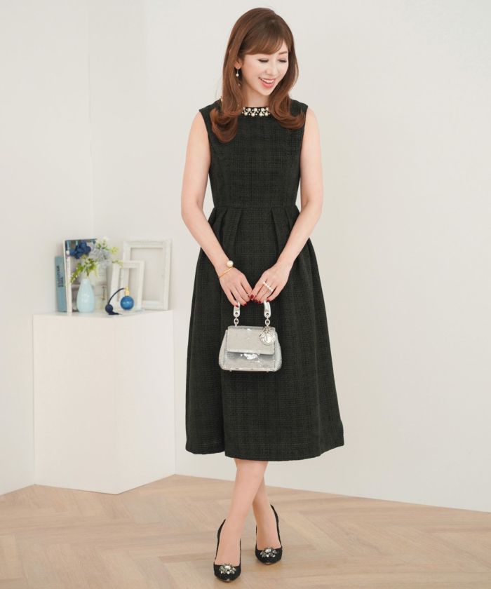 パールネック ツイード タックフレア ワンピース Prima Scherrer 全3色