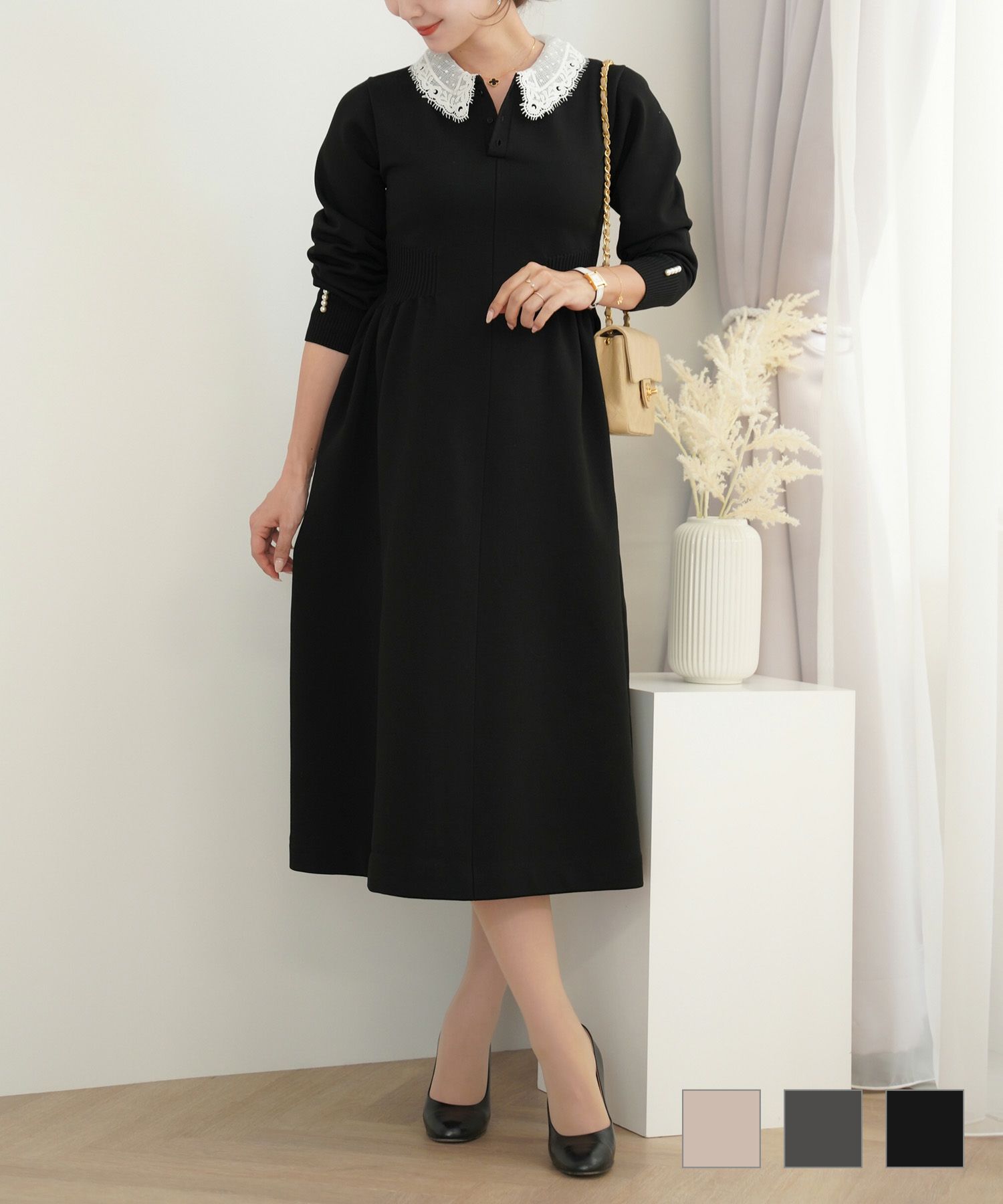 レース襟付き フィット＆フレア ニットワンピース le reve vaniller 全  