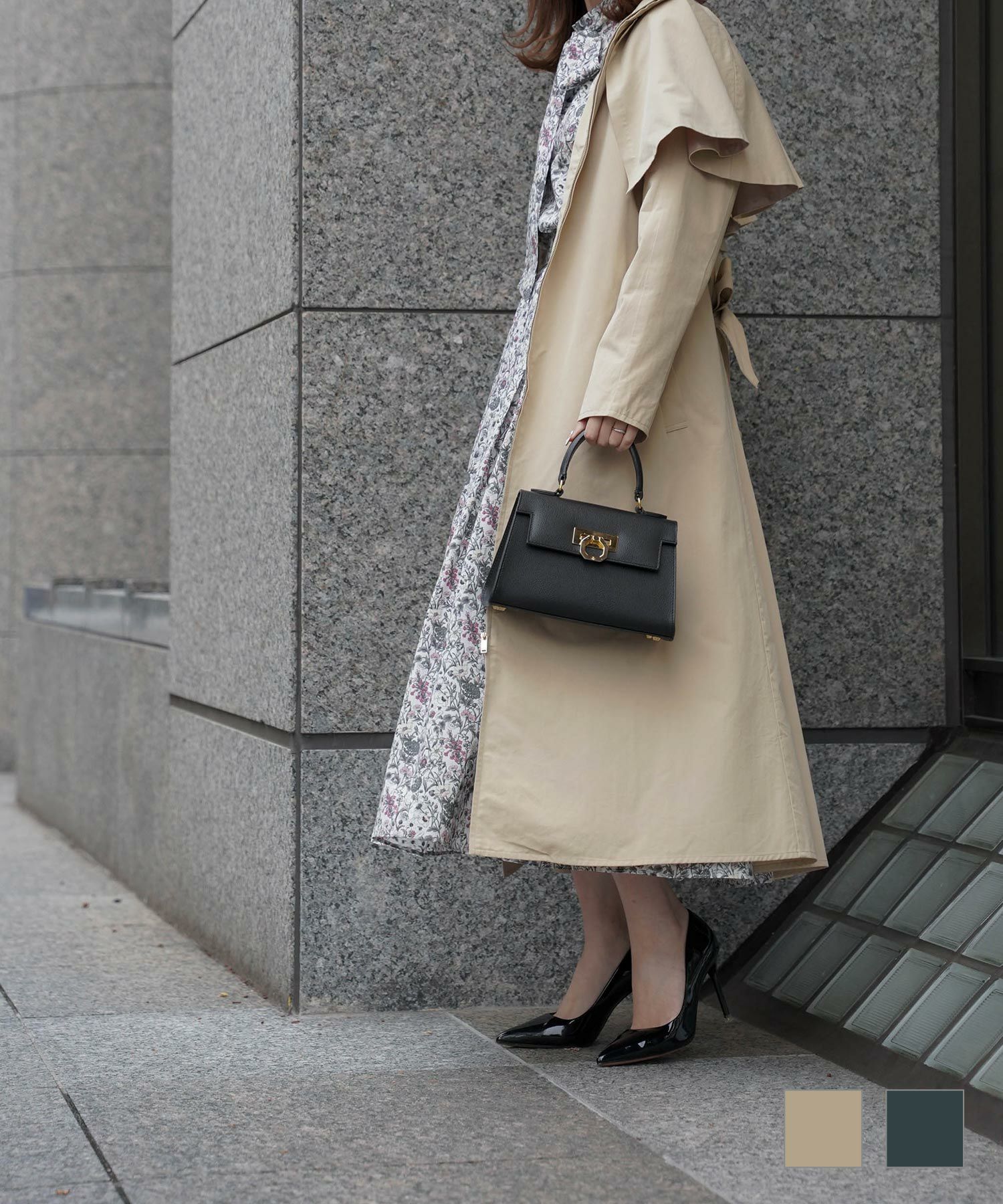 フロントジップ ケープ トレンチコート HUIT ベージュ/マリンブルー