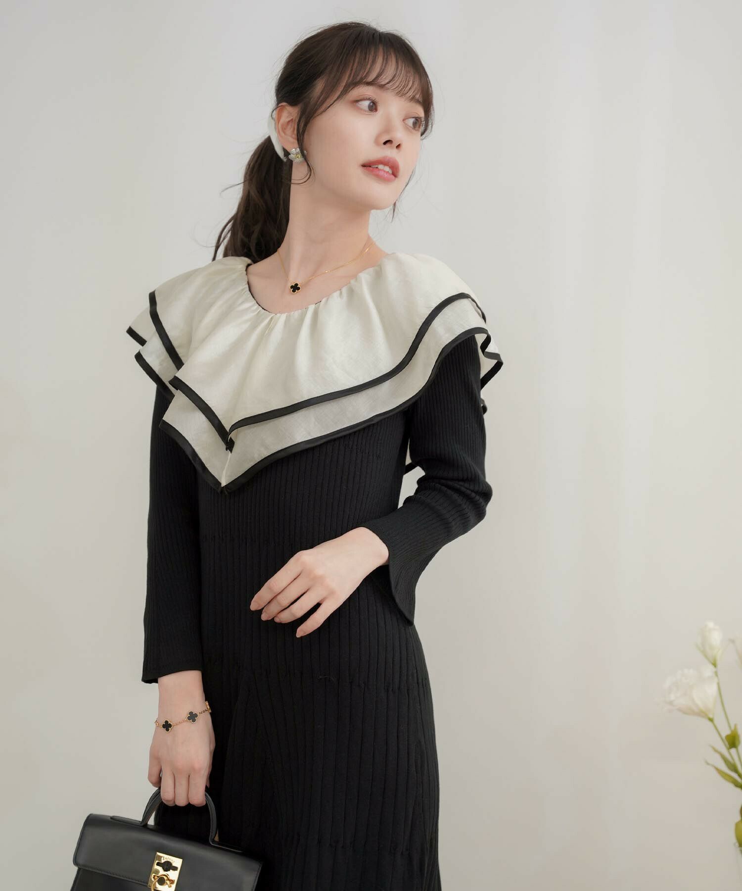 シアー ラッフルフリル Vラインネック ニット ワンピース le reve  