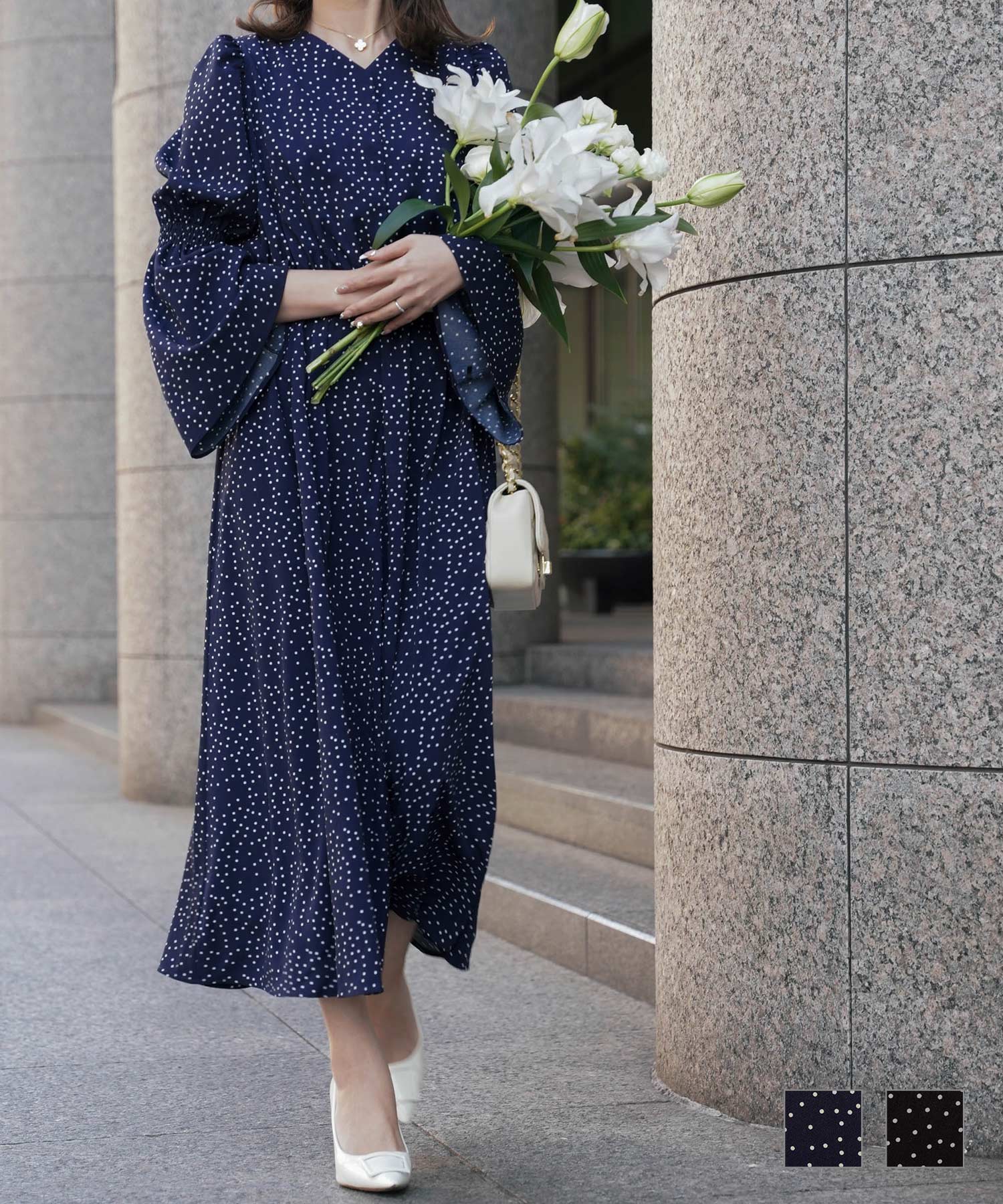 ベルスリーブ ドット ワンピース HUIT ネイビー/ブラック