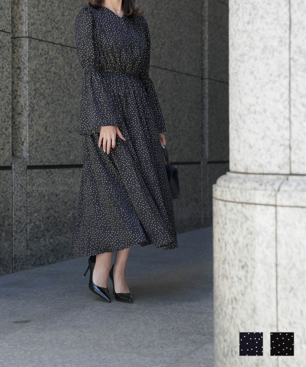ベルスリーブ ドット ワンピース HUIT ネイビー/ブラック