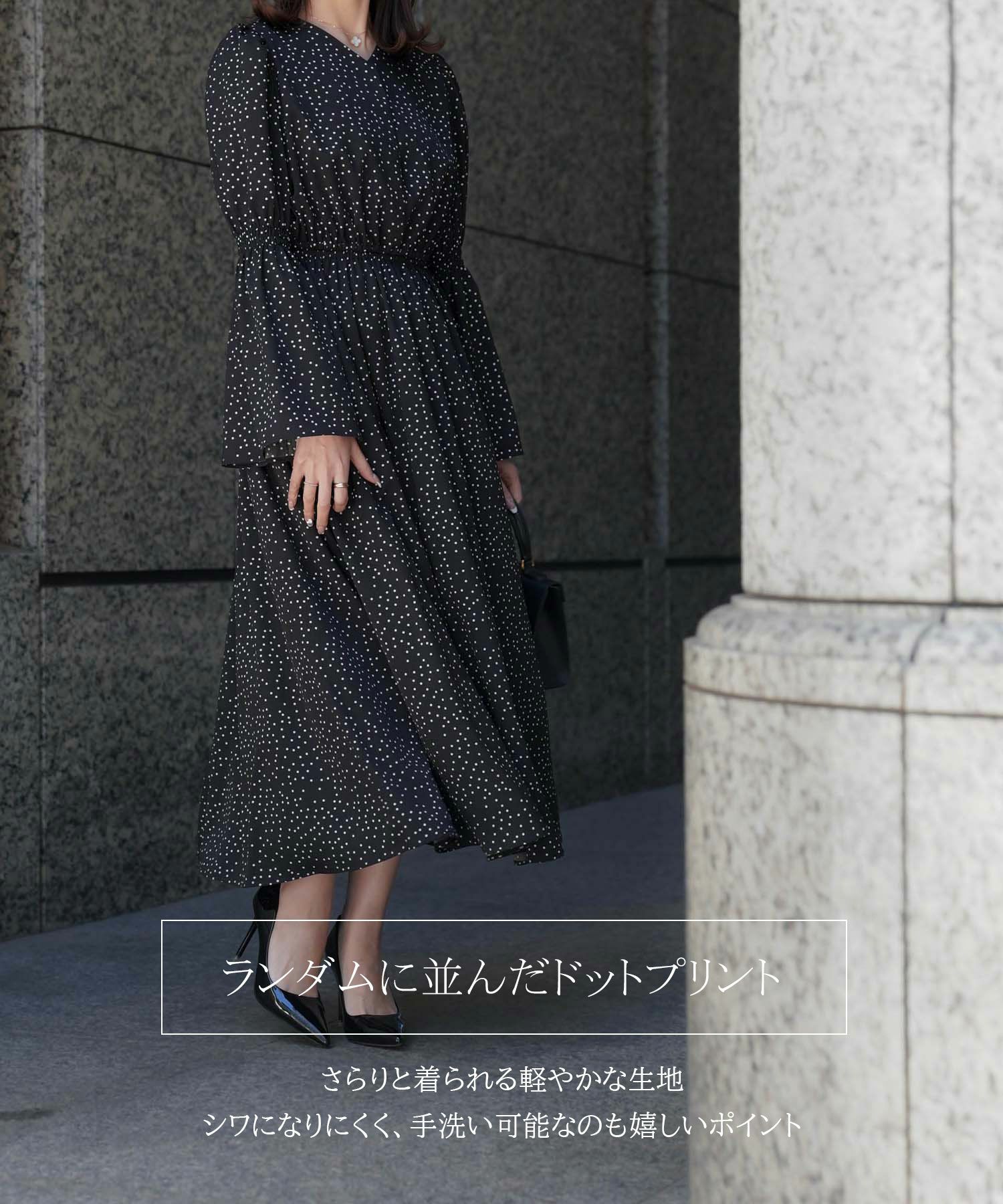 レディース/ワンピース/ドット/ベルスリーブ/長袖/授乳服/春/秋/冬/ネイビー/ブラック