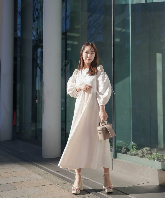 ワンピース/カッティングショルダー/ジャガード/アイボリー/ブルーグレー/ブラック/フリー