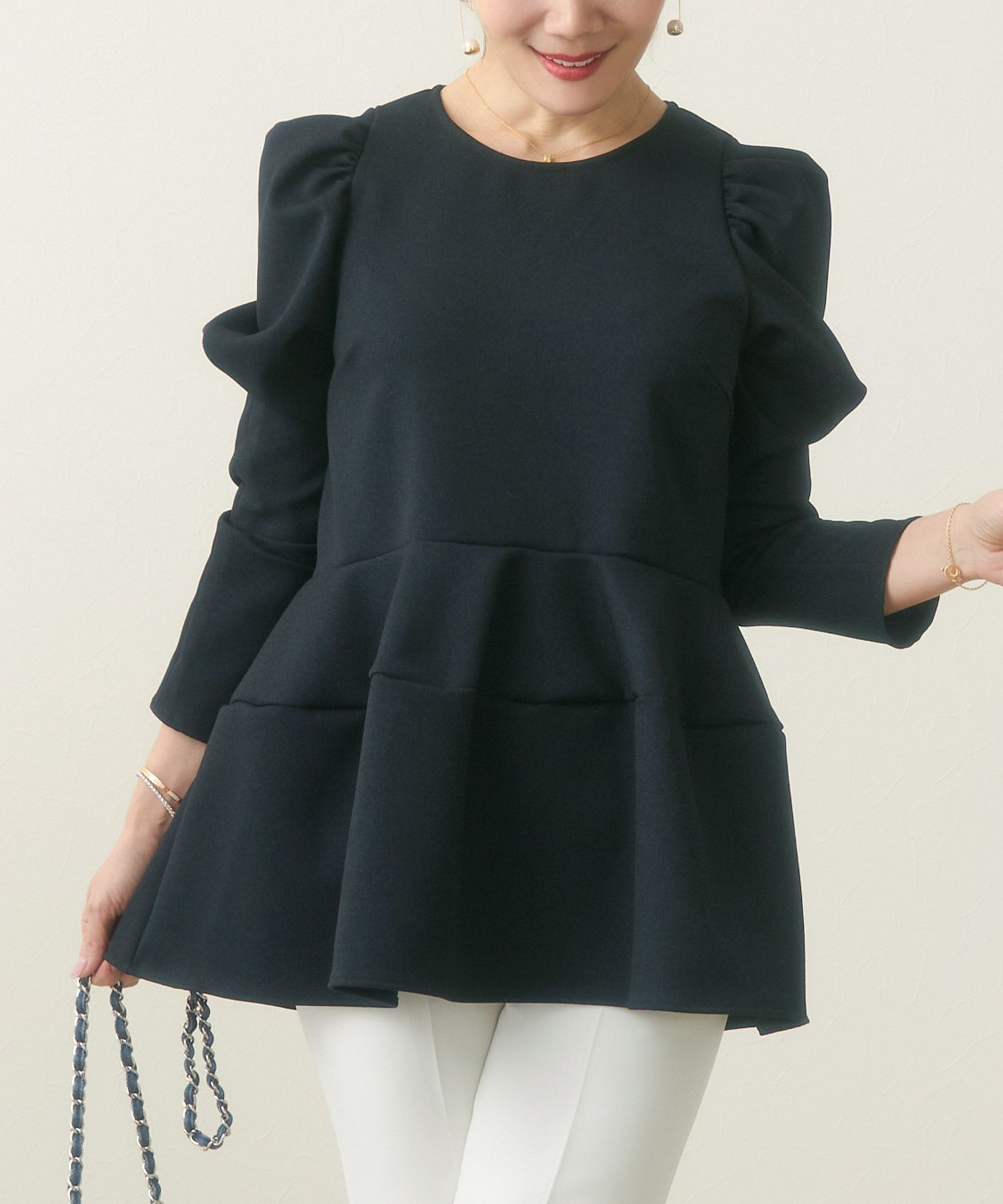 新色追加/手洗い可/日本製/アンチピリング/トップス/ブラウス/長袖/パワーショルダー/袖山ギャザー/大人可愛い