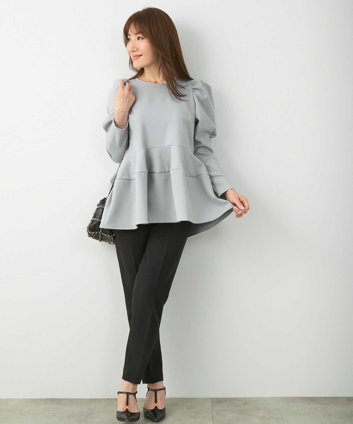 新色追加/手洗い可/日本製/アンチピリング/トップス/ブラウス/長袖/パワーショルダー/袖山ギャザー/大人可愛い