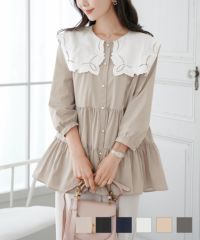 セーラー襟刺繍チュニックブラウスlerevevanillerグレージュ/ブラック/ネイビー/ホワイト/ピンクベージュ/チャコール