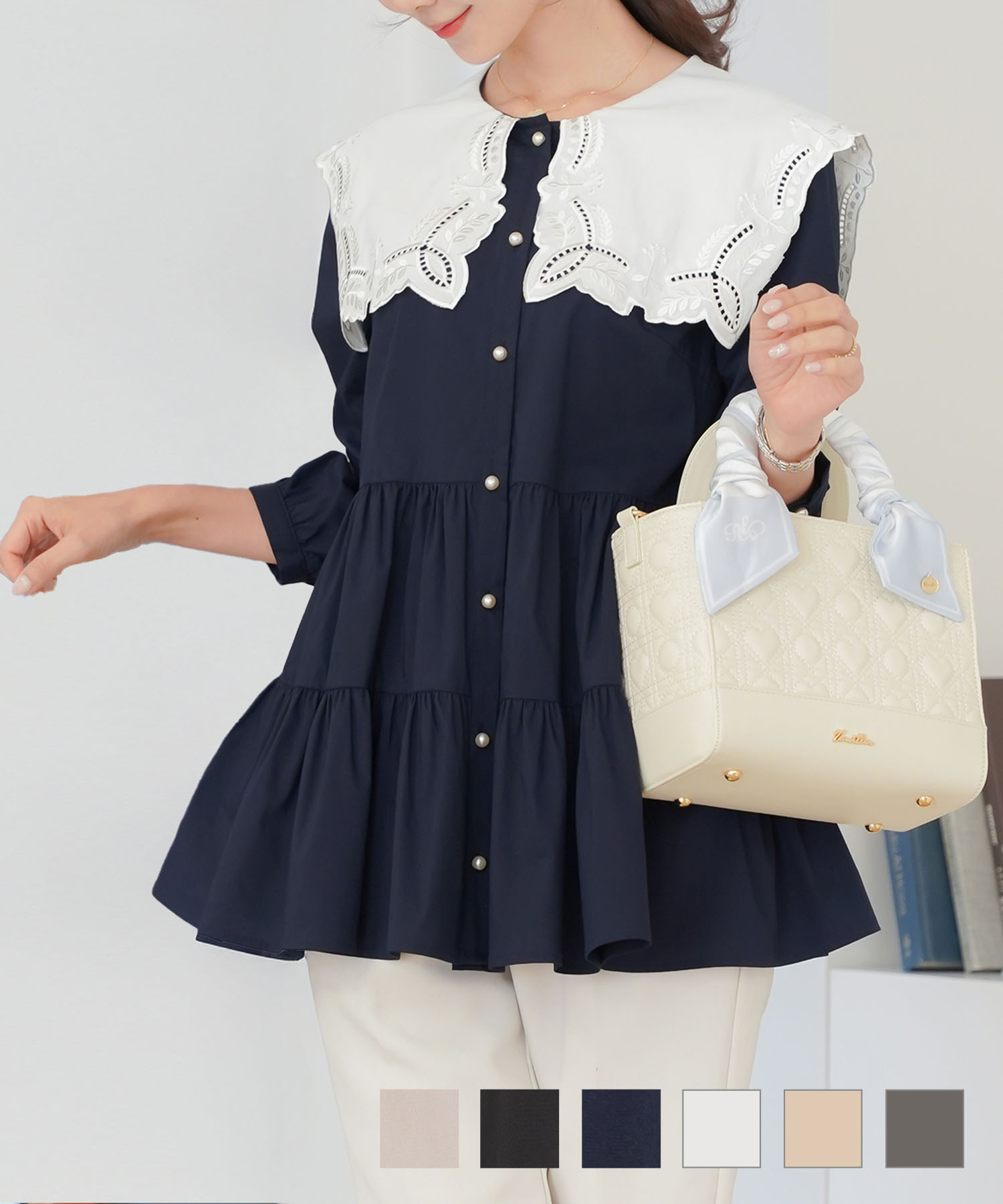 セーラー襟刺繍チュニックブラウスlerevevanillerグレージュ/ブラック/ネイビー/ホワイト/ピンクベージュ/チャコール