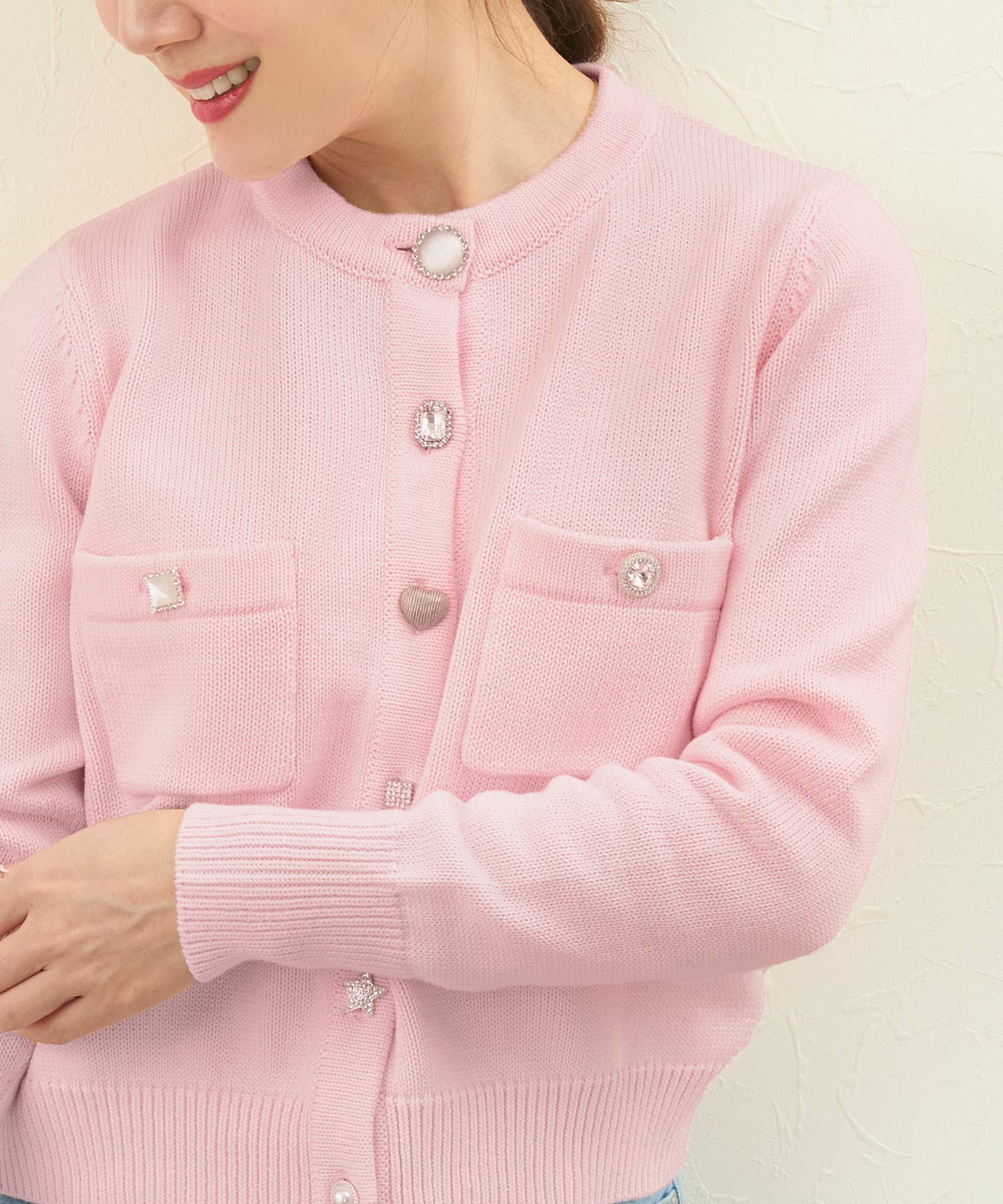 手洗い可/トップス/ニット/カーディガン/長袖/ビジューボタン/ハート/星/モチーフ/大人/上品/可愛い