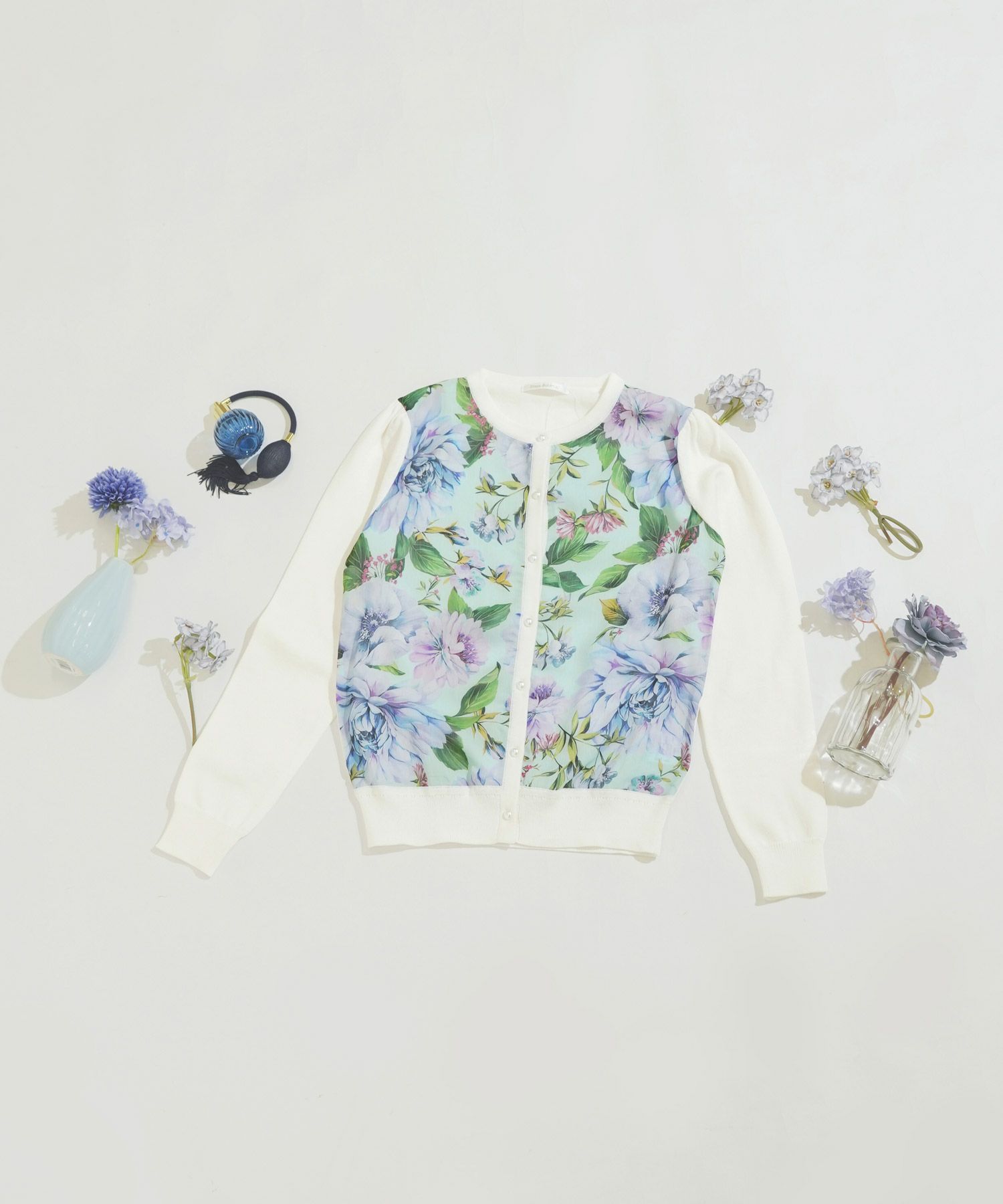 トップス/ニット/シフォンコンビ/ドッキング/花柄/フラワープリント/水玉/ドット/ホワイト/白/ピンク/ブラック/黒/S/M/秋/春/可愛い/かわいい/華やか/大人/上品/