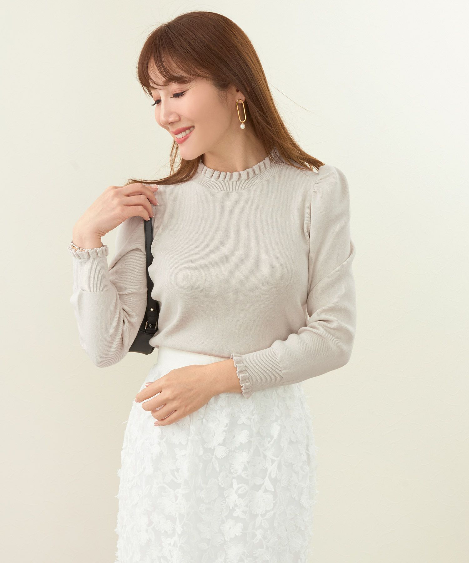 手洗い可/フリルネック/長袖/パフスリーブ/袖山ギャザー/大人/上品/可愛い