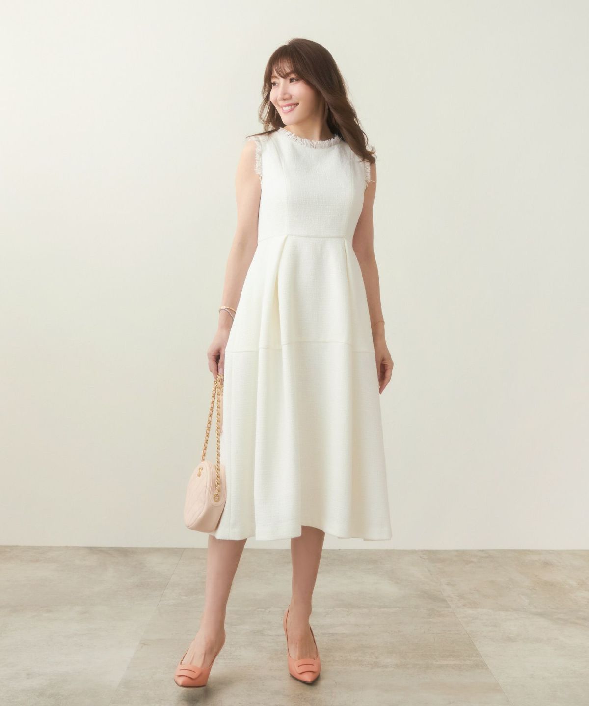 ワンピース/ツイード/フリンジ/ノースリーブ/ウエスト切り替え/大人/上品/可愛い