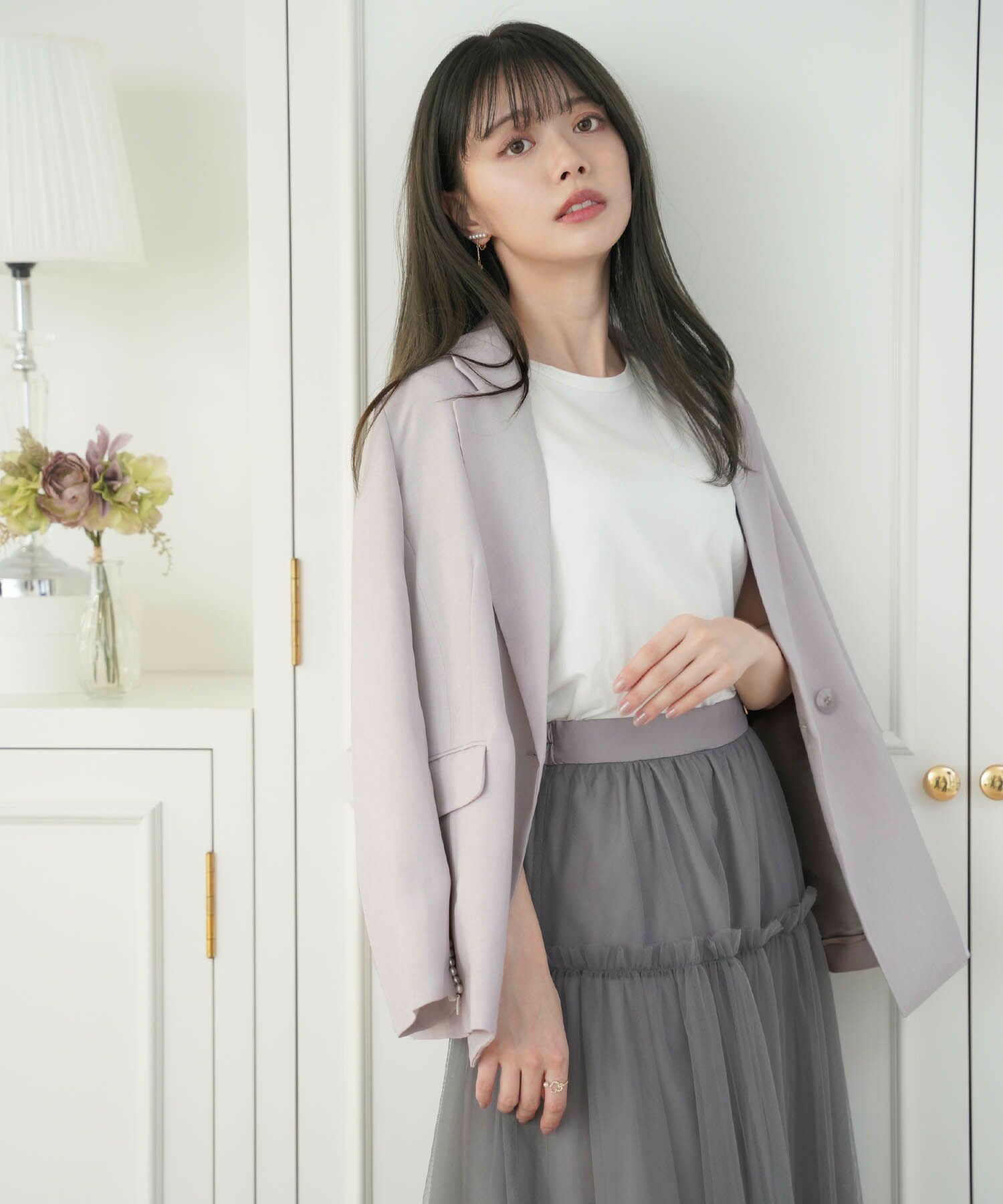 レディース/ジャケット/テーラードジャケット/羽織/袖ファスナー/ミドル丈/レース/リネンライク/麻調/長袖/シンプル/春/秋/夏/ダスティピンク/ペールラベンダー/上品/エレガント/フェミニン/セミフォーマル/フォーマル/デイリー/アフタヌーンティー/推し活/10代/20代